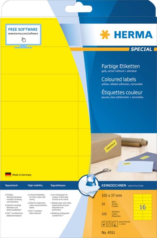 HERMA Farbige Multifunktionsetiketten 4551 Gelb Rechteckig 105 x 37 mm 20 Blatt à 16 Etiketten