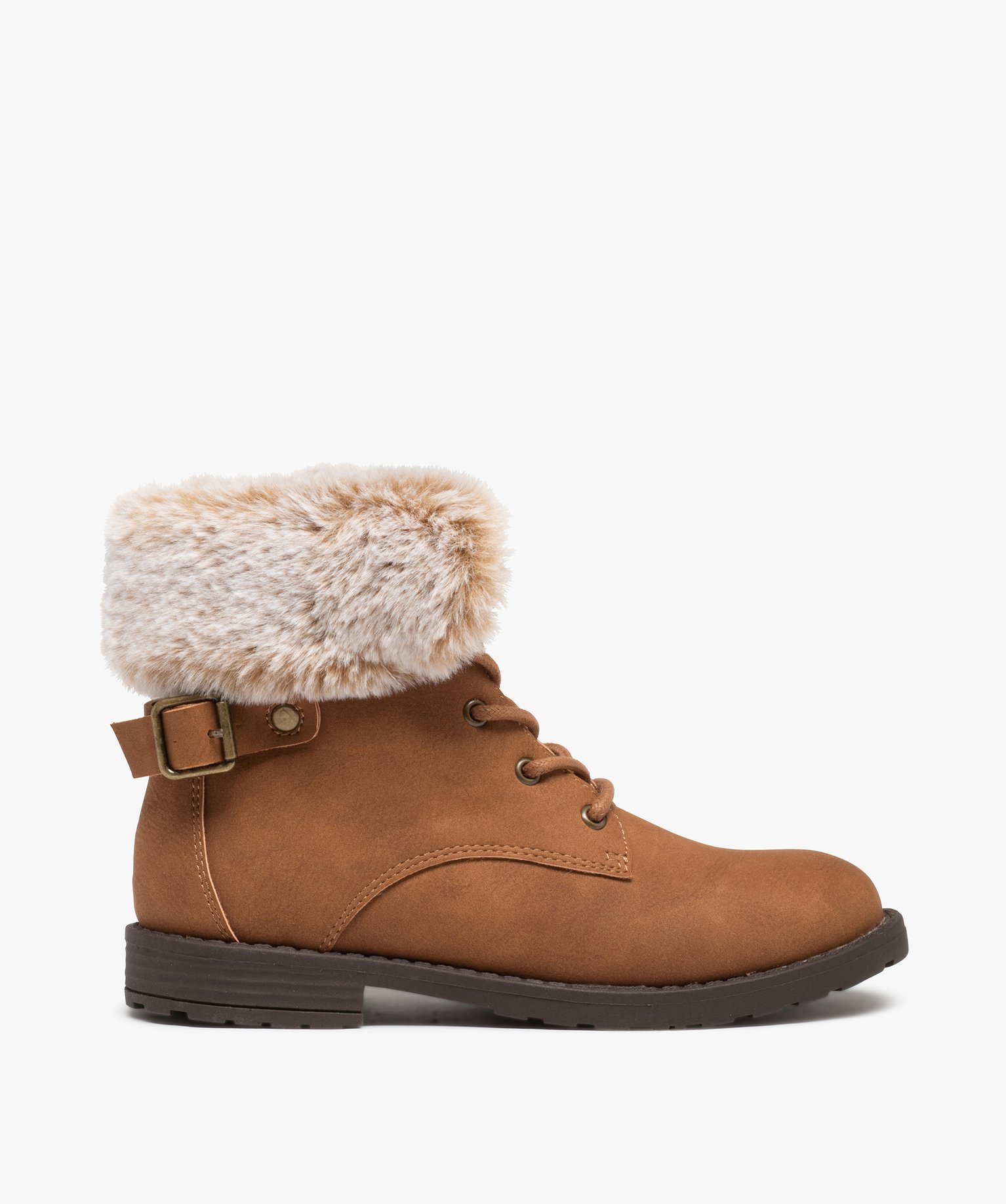 Bottines fille unies avec col fourré fermeture lacets camel | GEMO