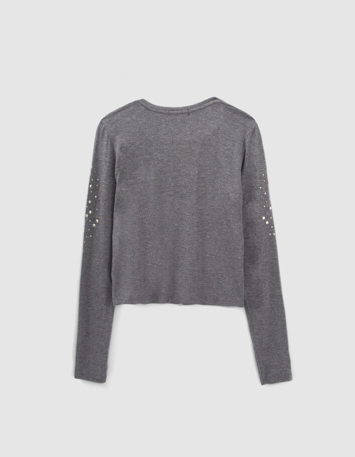 T-shirt gris lurex décor bijoux aux manches fille
