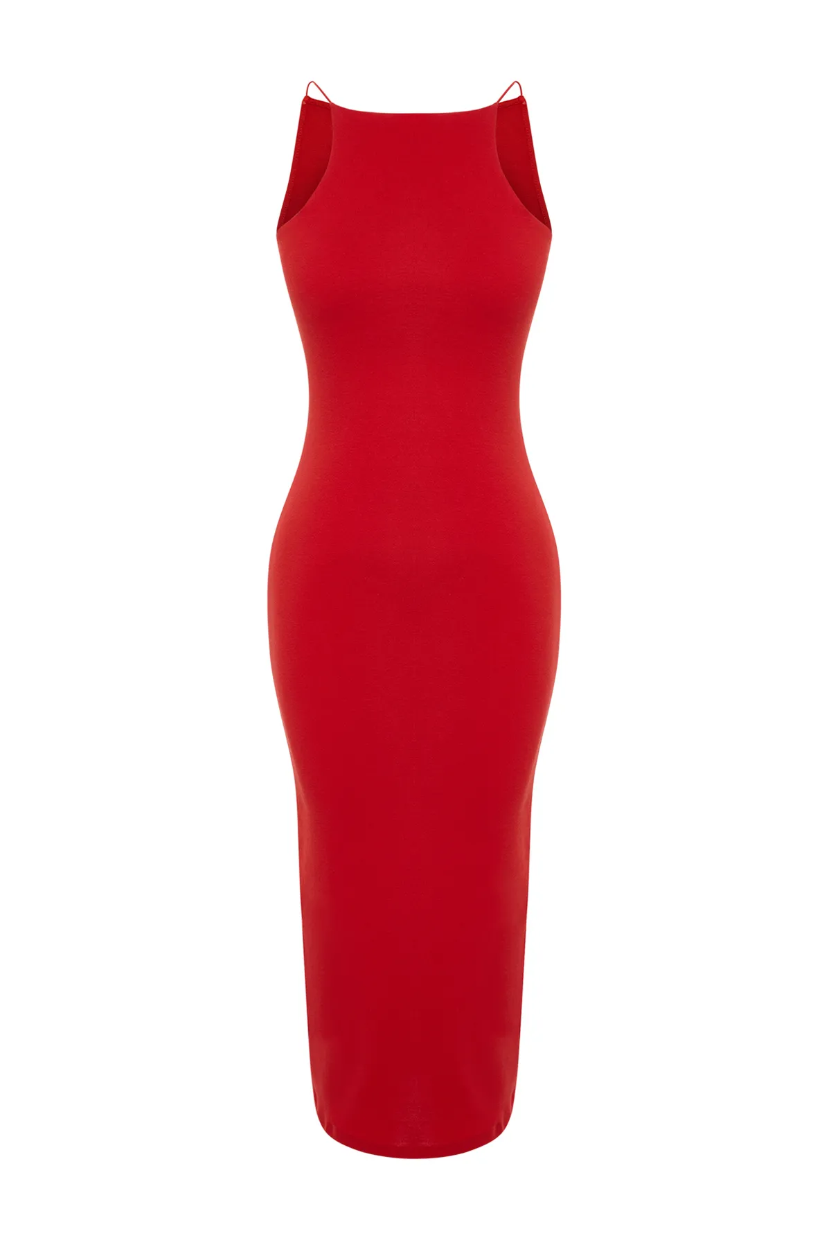 Trendyol Collection  Rotes, tailliertes Neckholder-Midi-Bleistiftkleid aus geripptem, flexiblem Strick TWOSS24EL00020
