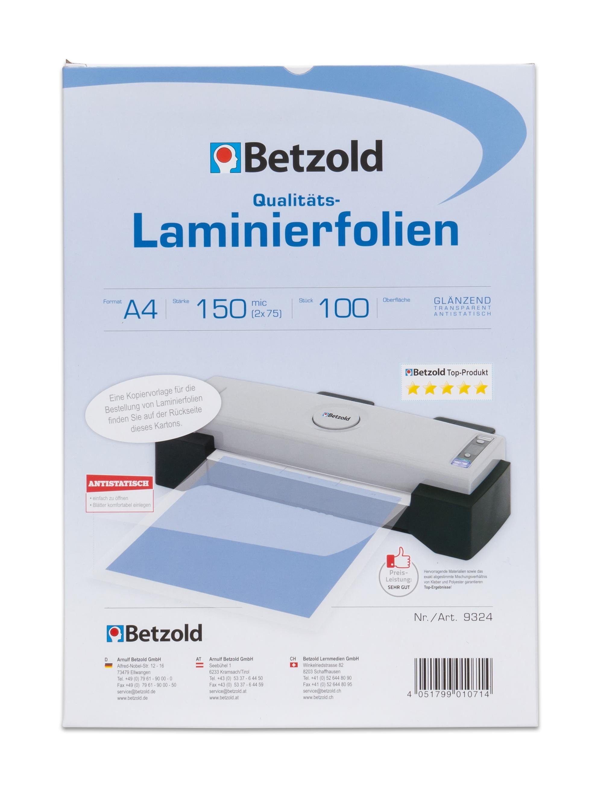 Betzold Sichtschutzfolie Laminier-Folien A4 100 Stück - Laminier-Taschen Folier-Folien