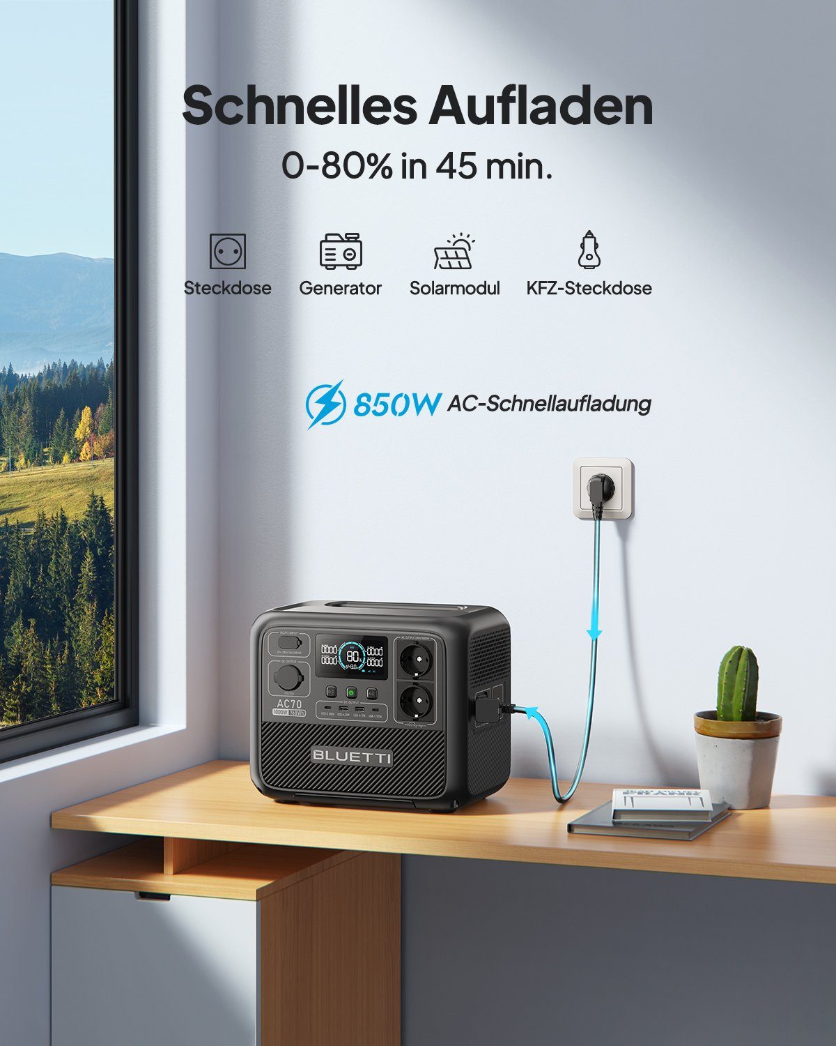 BLUETTI Stromerzeuger AC70 Solar generator mit Solar panel, 768Wh LiFePO4 Akku-Zelle, 1,00 in kW, (mit PV120 120W Solar panel, 1000W Pure Sine Wave Output), Solar generator kit für Haus, Camping, Notfall