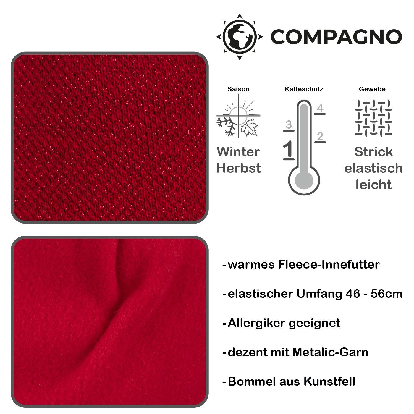 compagno Bommelmütze (1-St) Wintermütze Strickmütze Damen Metallic-Garn Mütze Beanie