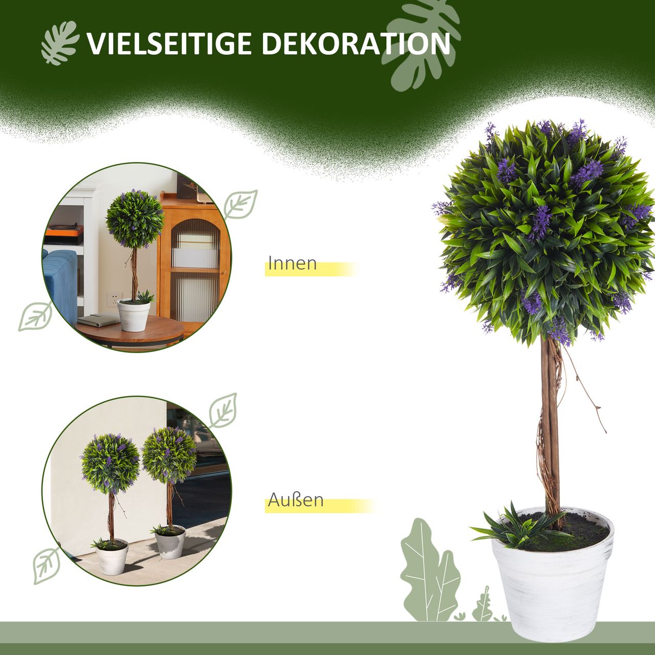HOMCOM Kunstpflanze Lavendel 2er-Set Künstliche Pflanzen 60 cm Zimmerpflanze
