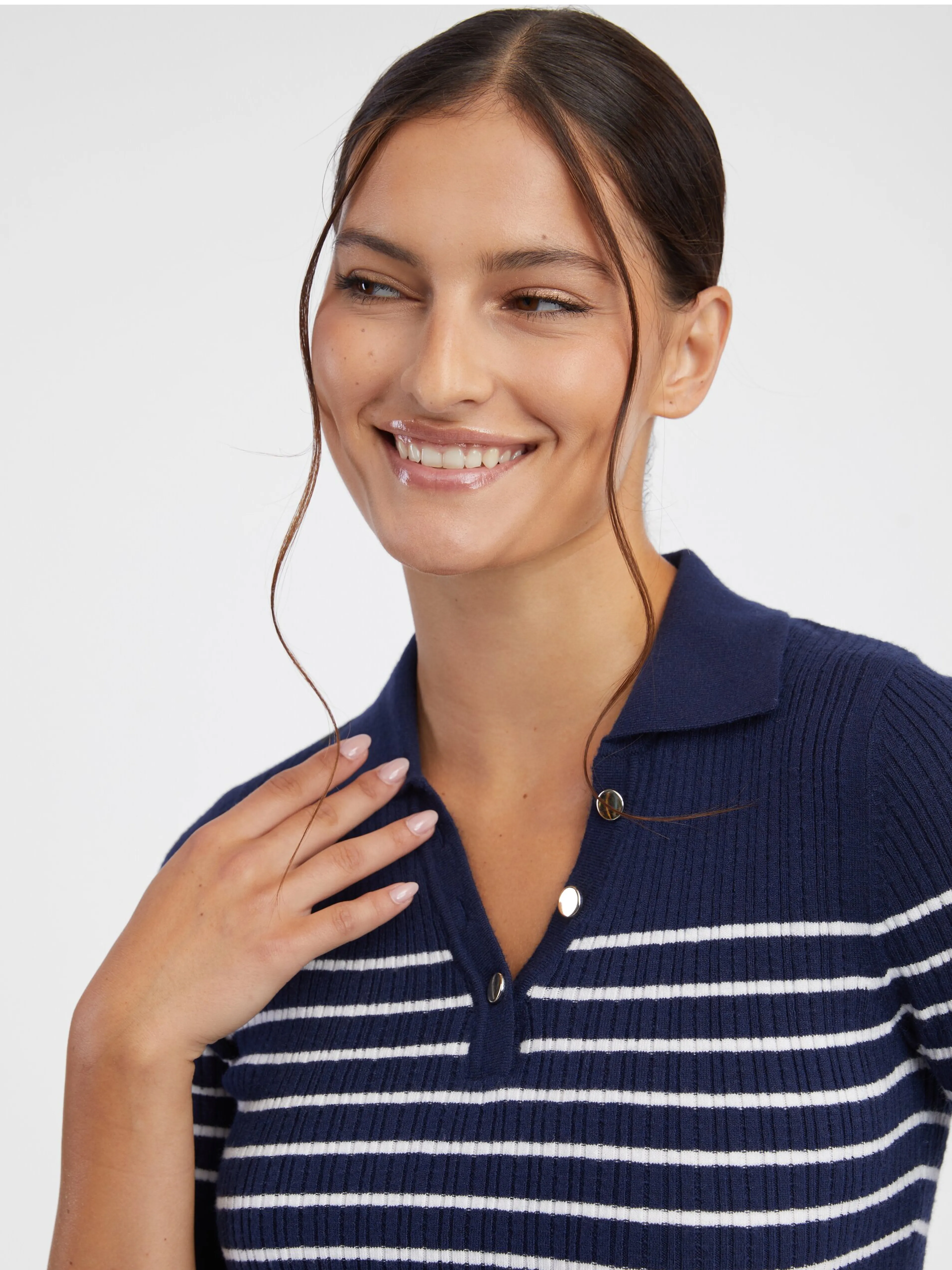 Dunkelblaues gestreiftes Damen-Strick-Poloshirt ORSAY