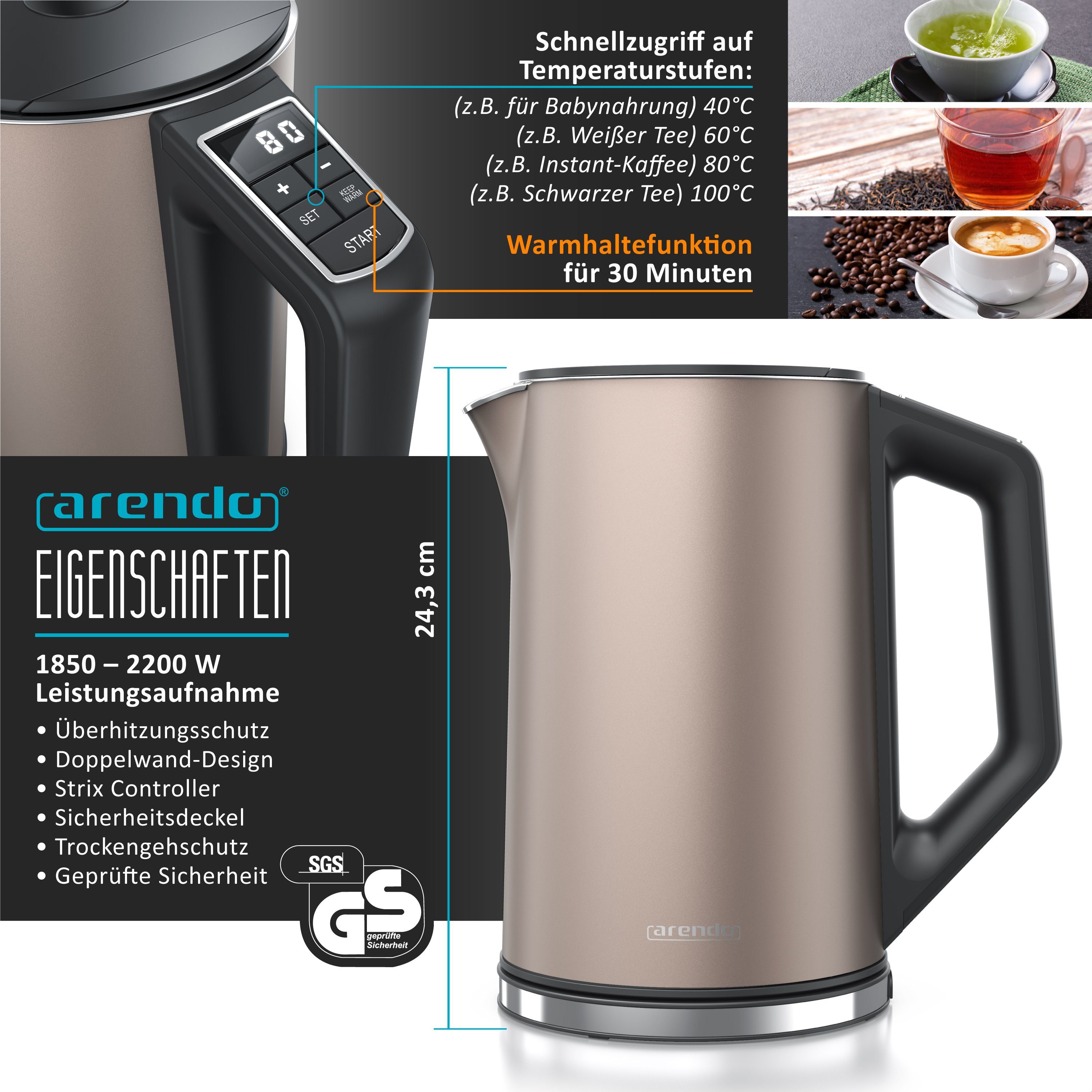 Arendo Frühstücks-Set (2-tlg), Edelstahl Wasserkocher 1,5l, 4-Scheiben Langschlitz Toaster, Beige