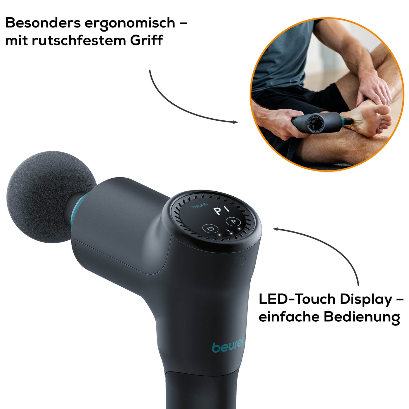 Beurer MG 185 MASSAGE GUN-Ergonomische Massagepistole zur Muskelentspannung mit 5 Aufsätzen & 9 Stufen