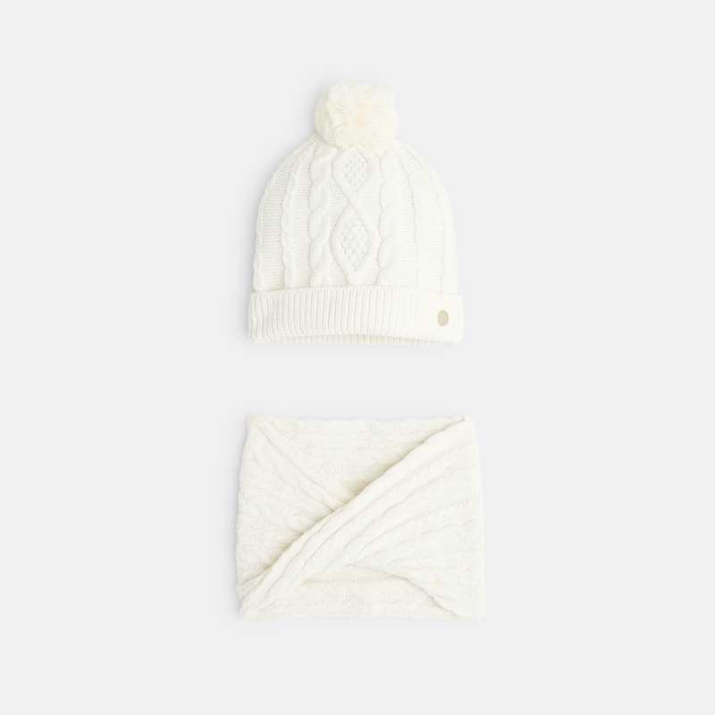 Bonnet à pompon et snood torsadés assortis blanc fille