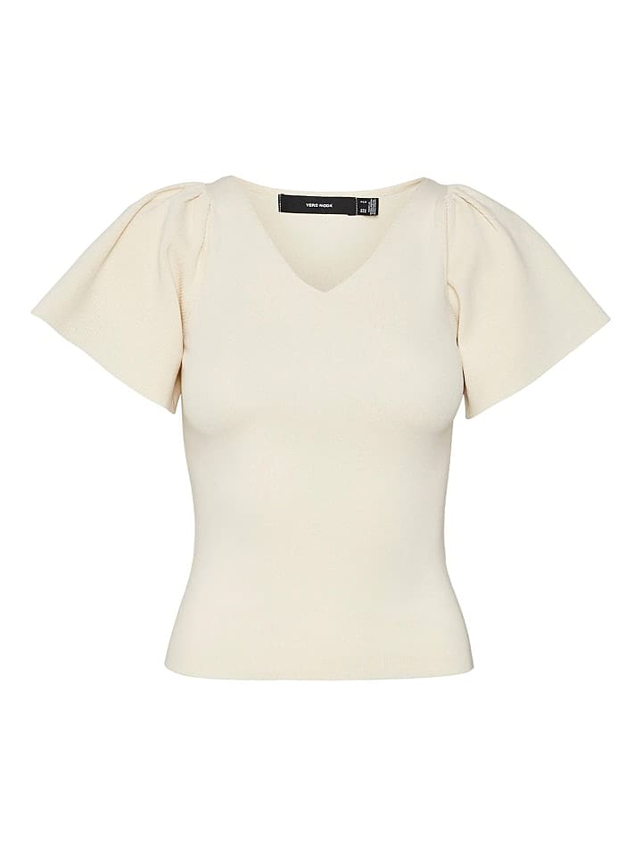 Vero Moda Geripptes Rüschen T-Shirt Kurzarm Strick Shirt VMGINNY in Beige günstig kaufen XS
