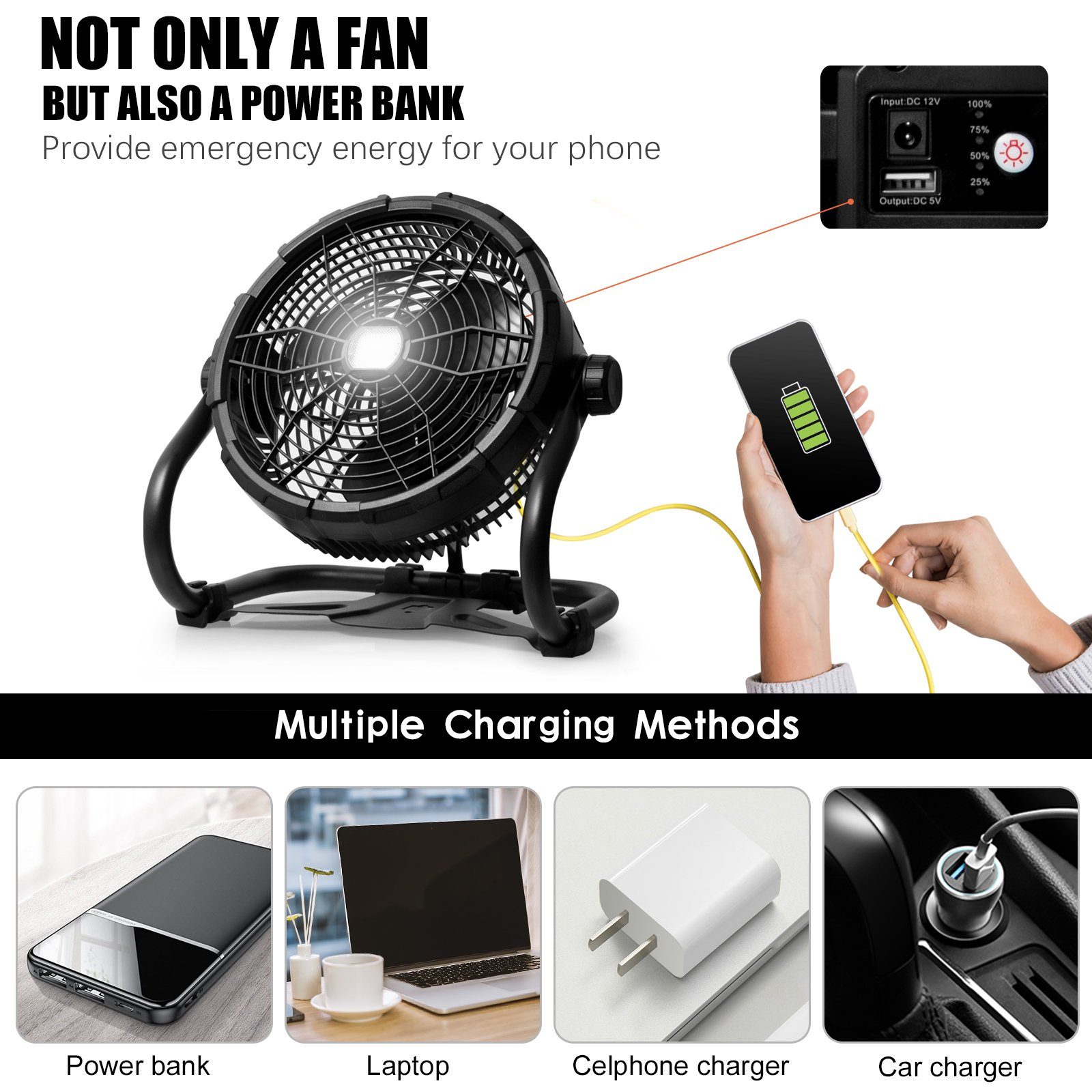 Gotoll Windmaschine GLX45BK, LED Bodenventilator Camping Lüfter 15000mAh Tragbarer Standventilator