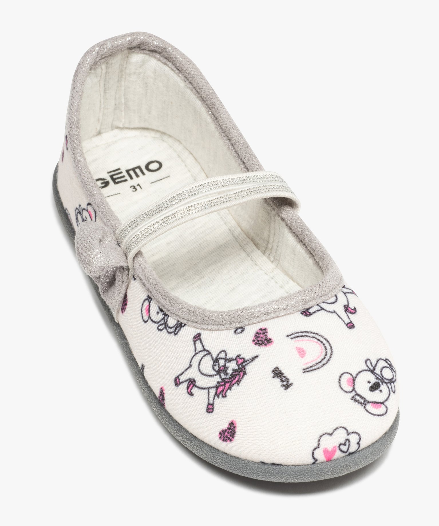 Chaussons fille ballerines imprimées à bride élastiquée gris | GEMO