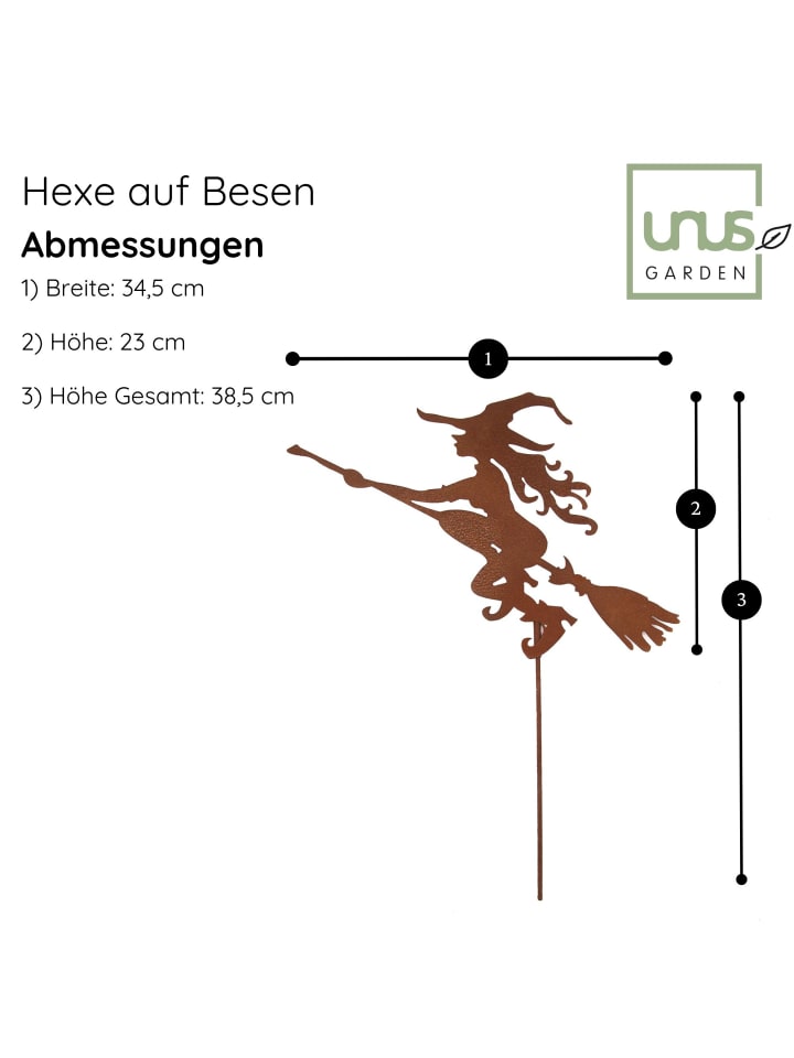 UNUS Gartenstecker in Rostoptik Hexe fliegt mit Besen in Rost günstig kaufen onesize
