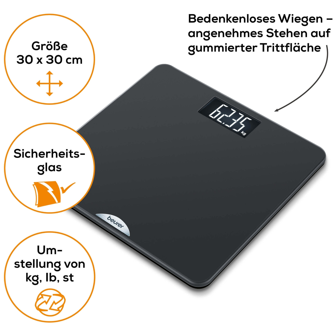 Beurer Personenwaage PS 240-Personenwaage mit gummierter Trittfläche & beleuchtetem Schwarzdisplay - bis 180 kg