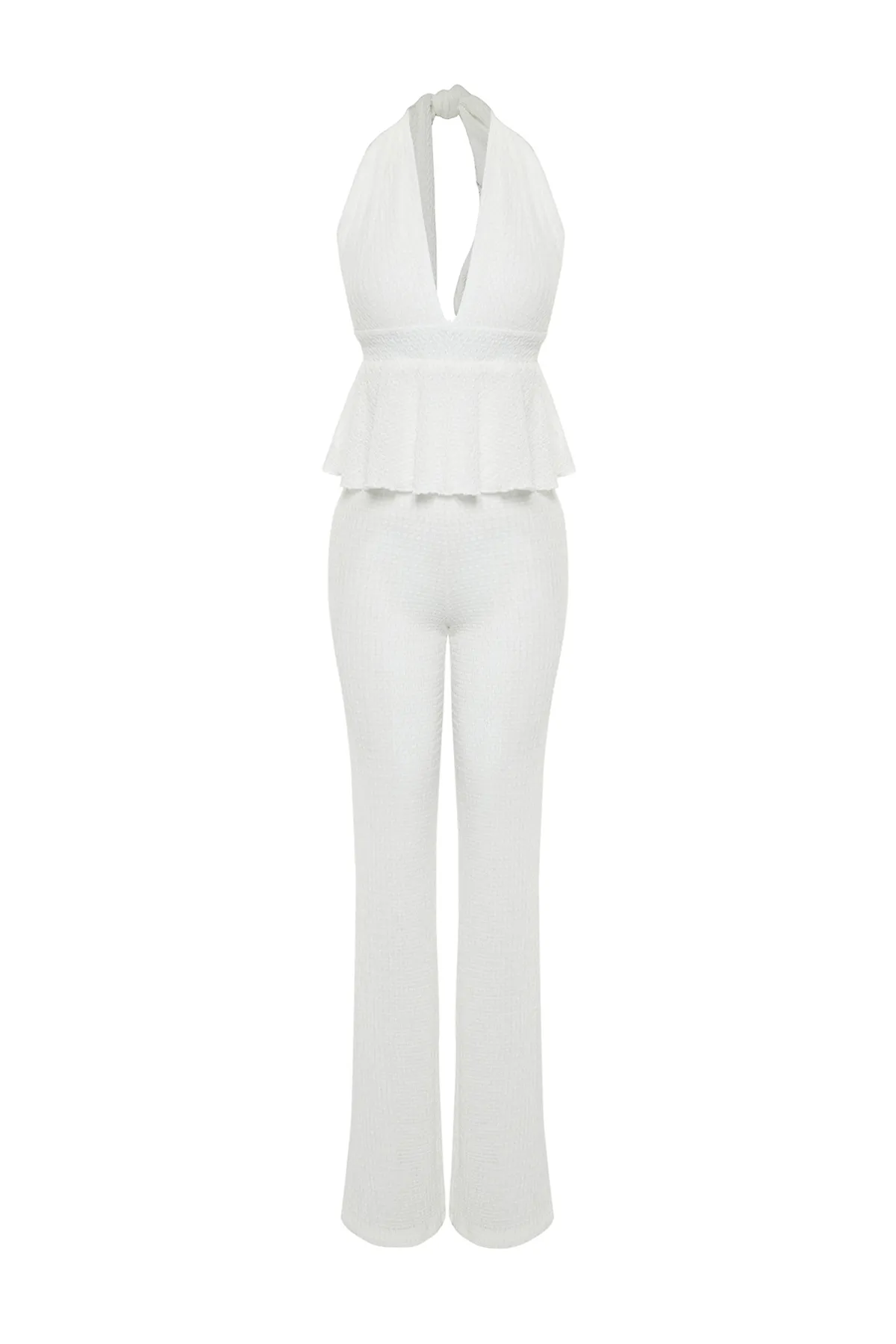 Trendyol Collection  Weißes Strick-Set aus rückenfreier Bluse und Hose TBESS24AU00001