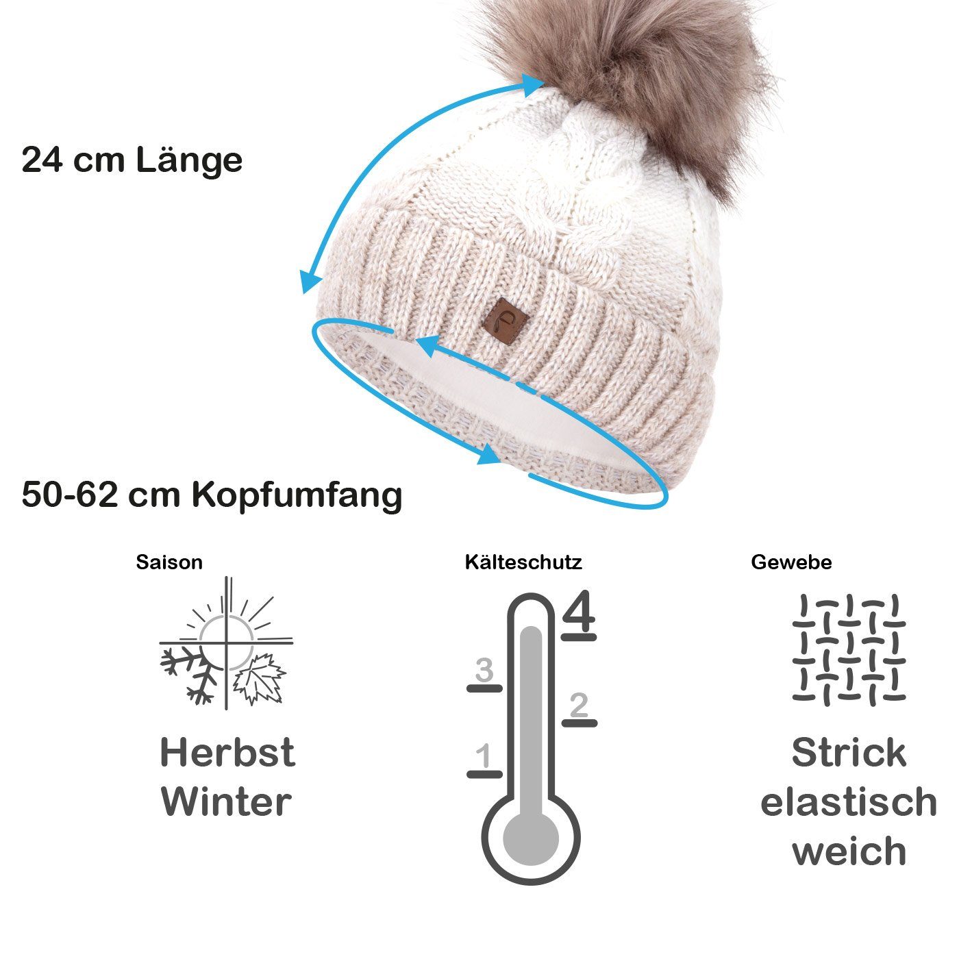 Faera Bommelmütze Wintermütze Damen Winter Mütze Beanie Haube gefüttert Strickmütze
