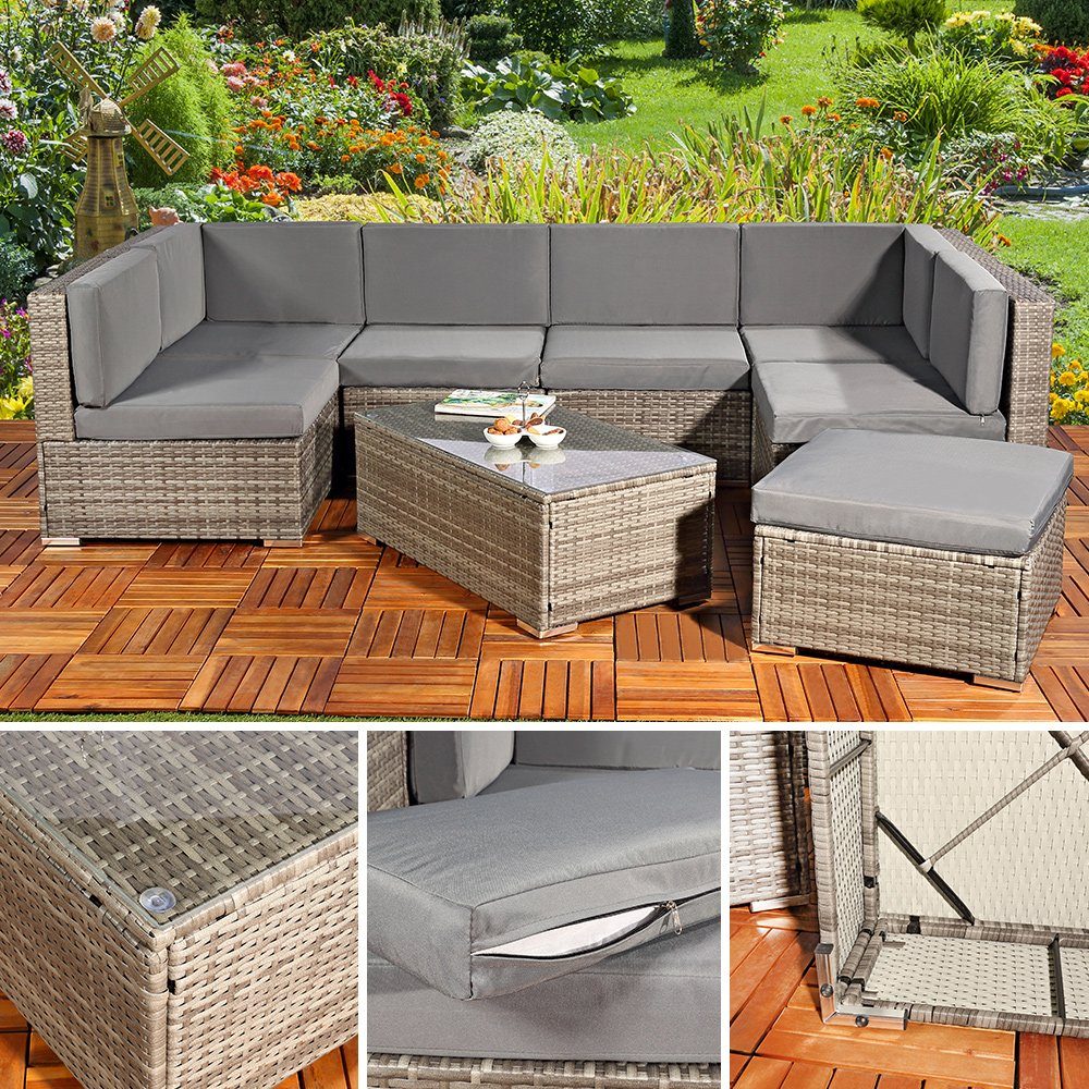Mucola Gartenlounge-Set Lounge Gartenmöbel Set Sitzgruppe Polyrattan Gartenlounge Gartenmöbel, (Set, 8-tlg., 1x Mehrteiliger Sofa 1x Ottomane 1x Tisch), Kissen inkl. Reißverschluss, daher abnehm- und waschbar