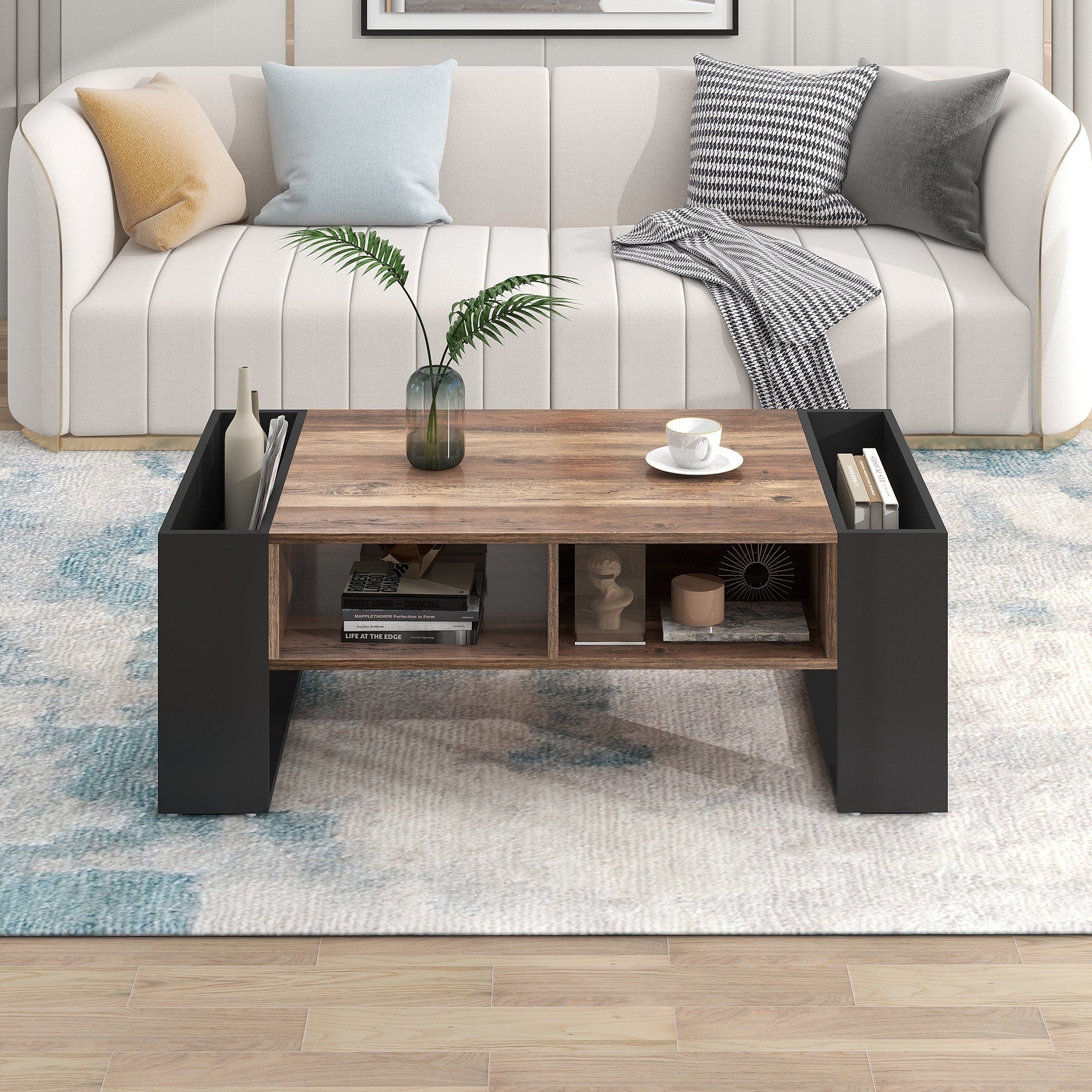 PFCTART Couchtisch Holzmaserun Couchtisch,Heckstaufach, doppelseitiger Stauraum