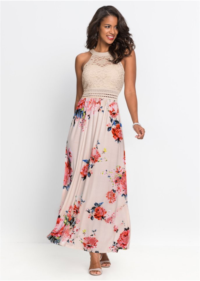 Sommer-Maxikleid mit Blumen-Print und Spitze