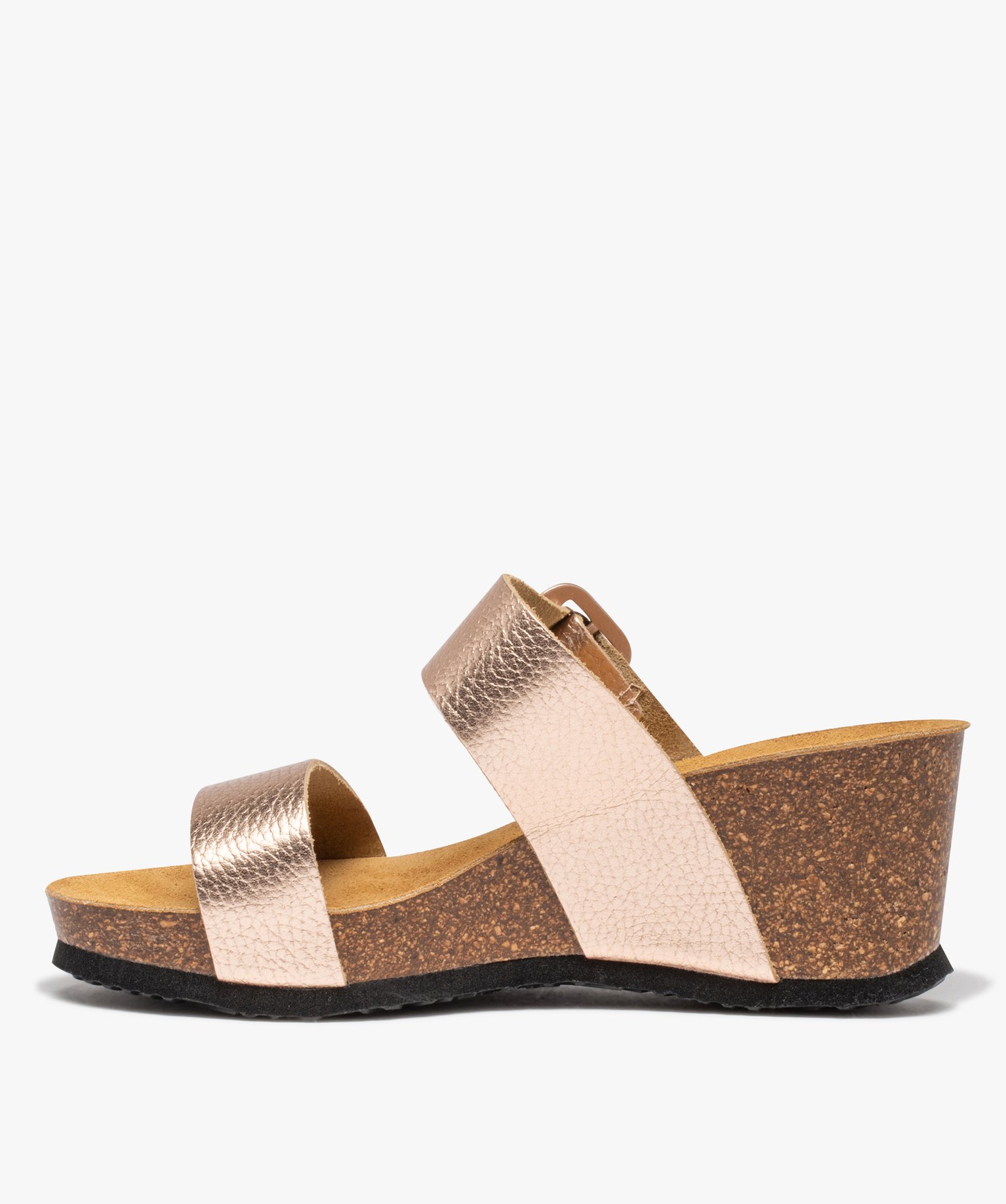 Mules femme compensées à larges brides en cuir rose | GEMO