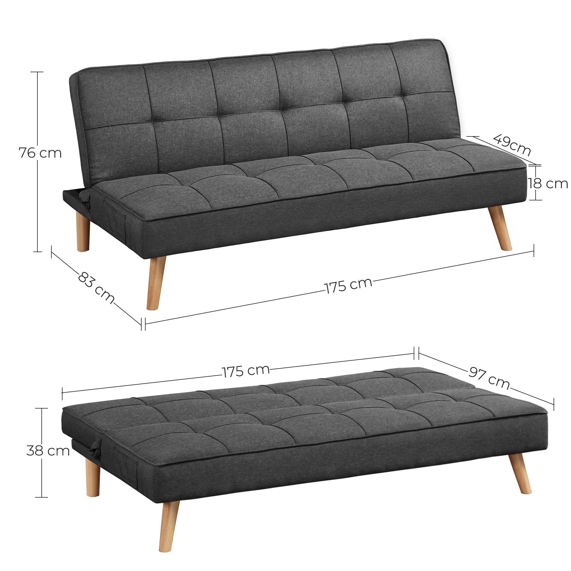 VASAGLE Schlafsofa, Schlafsofa, Bettsofa, 175 x 83 x 76 cm, Baumwoll-Leinen-Mischgewebe