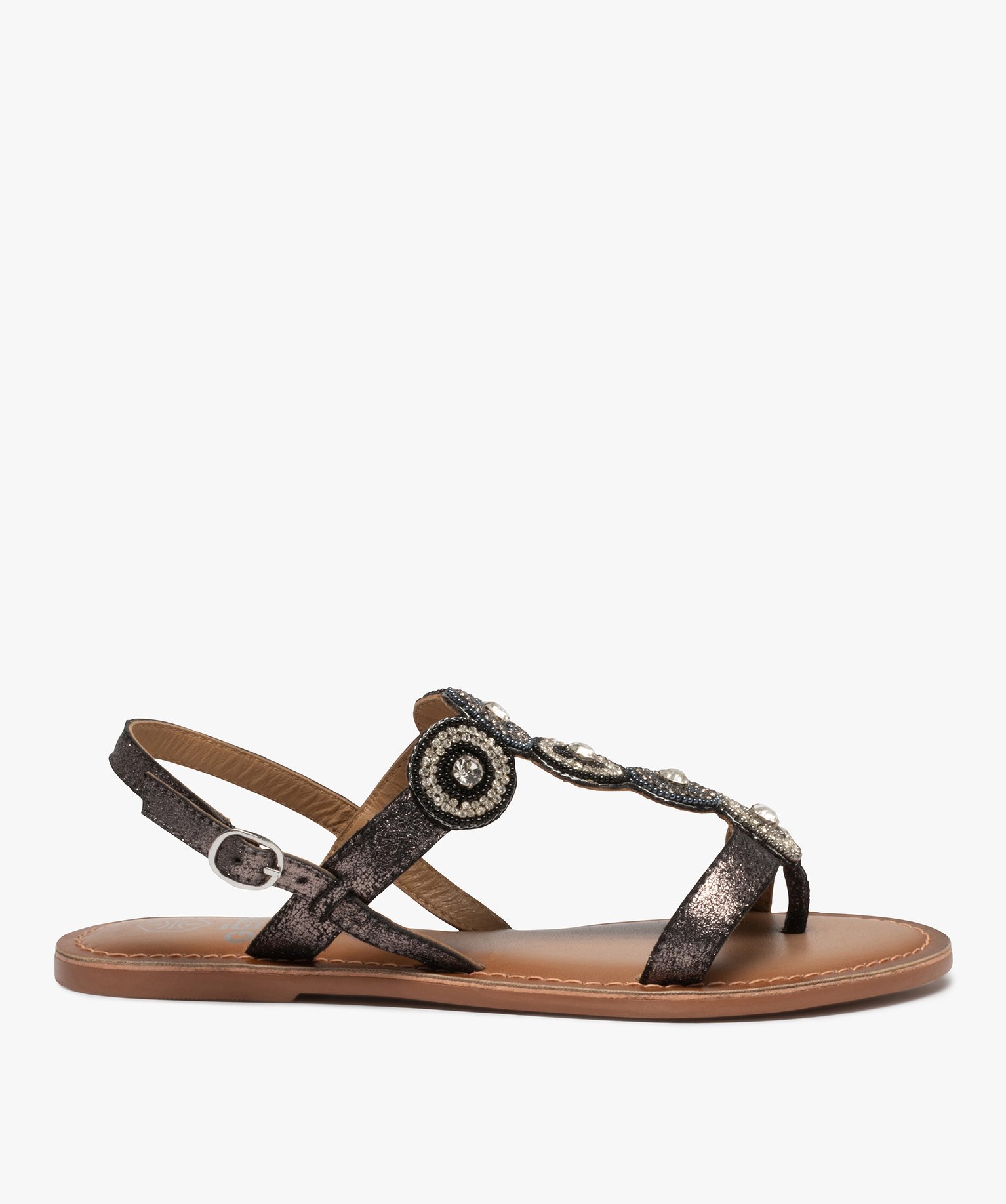 Sandales femme à talon plat et brides ornées de strass noir | GEMO