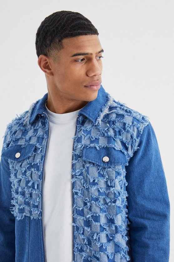 Gespleißte Jeansjacke mit Schachbrett-Print