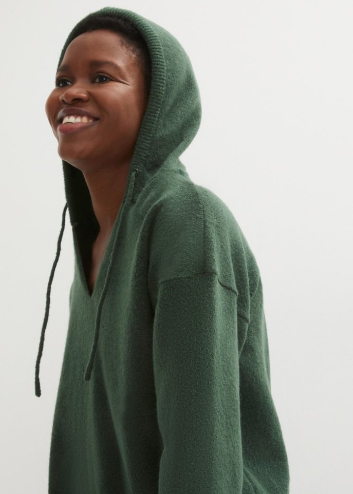 Strick-Pullover mit V-Ausschnitt und Kapuze