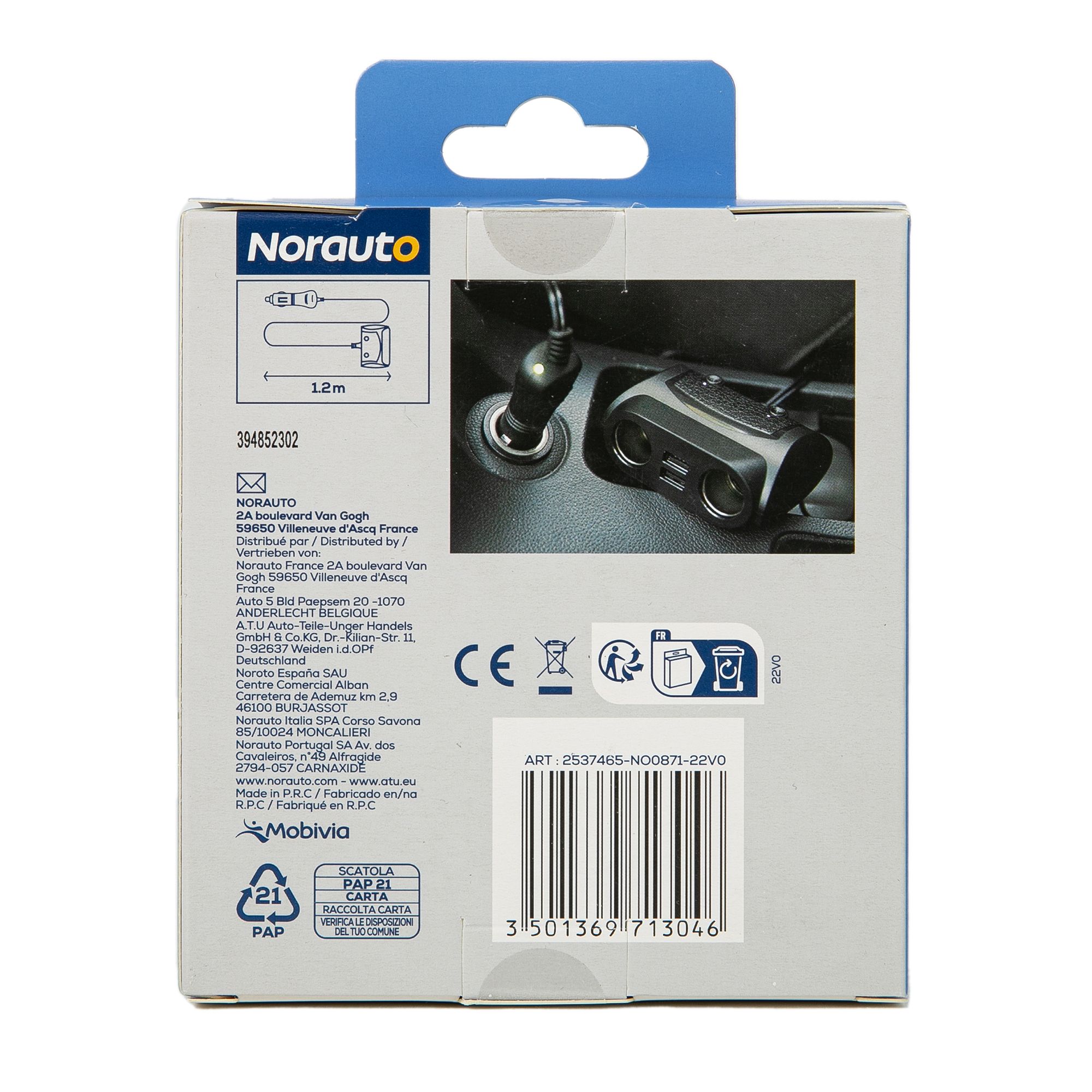 Norauto Verlängerungskabel 12 V/24 V 5 A mit doppeltem Zigarettenanzünderstecker und 2 USB-Anschlüssen - ATU