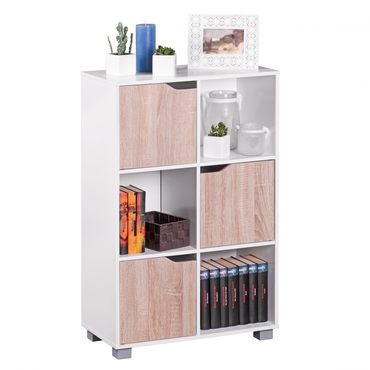 Wohnling Design Bücherregal Modern Holz Weiß mit Türen Sonoma Eiche Standregal freistehend 6 Fächer 60 x 90 x 30 cm