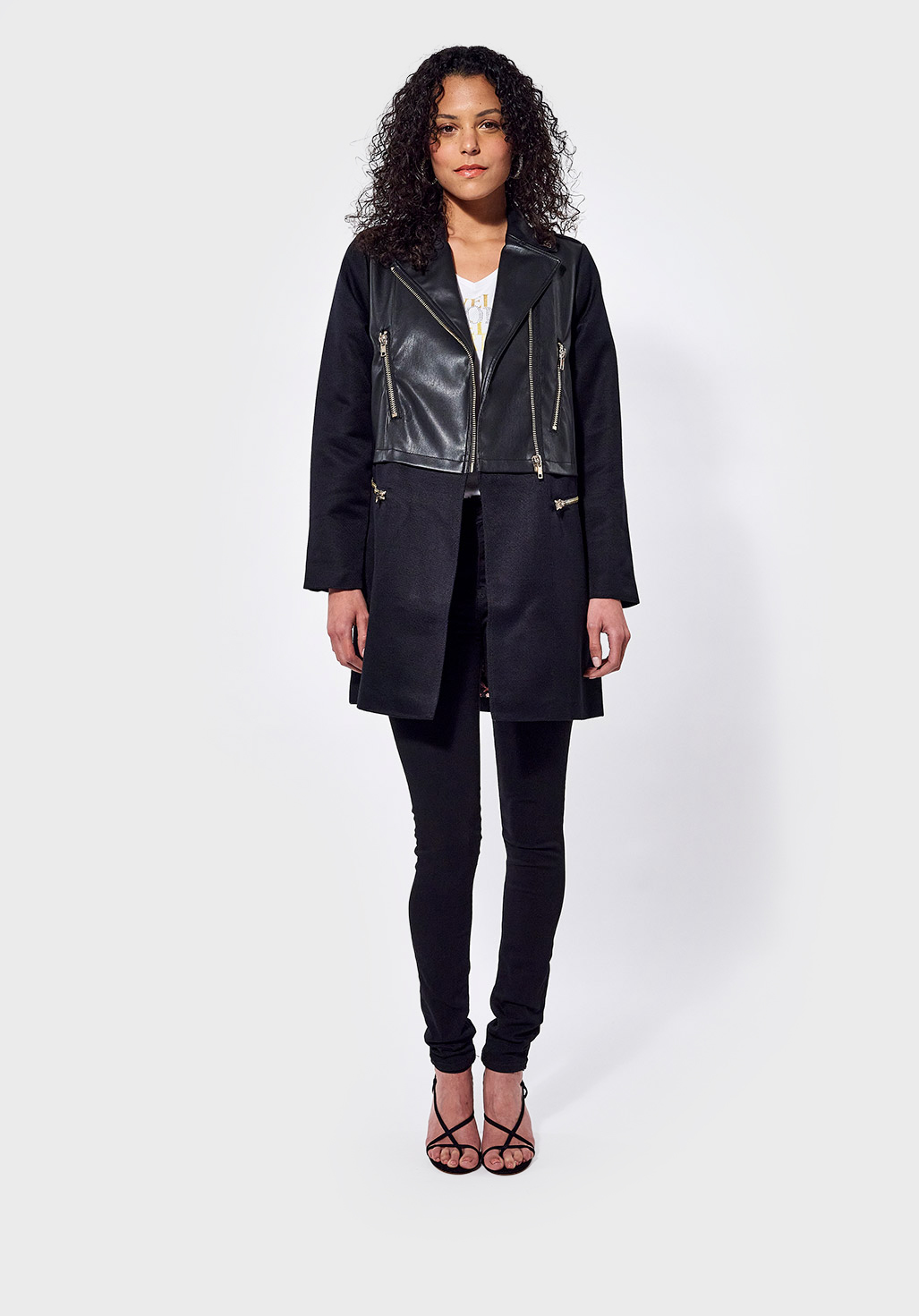 TAM  Manteau régular noir Femme bi matière