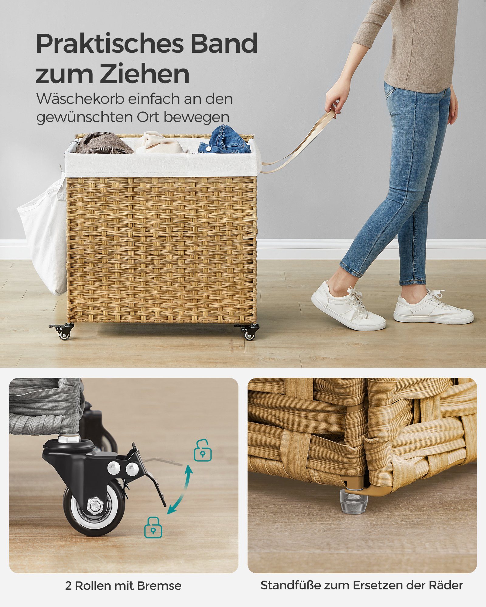 SONGMICS Wäschekorb, 140 L, mit 3 Fächern, herausnehmbare Tasche, Griffe