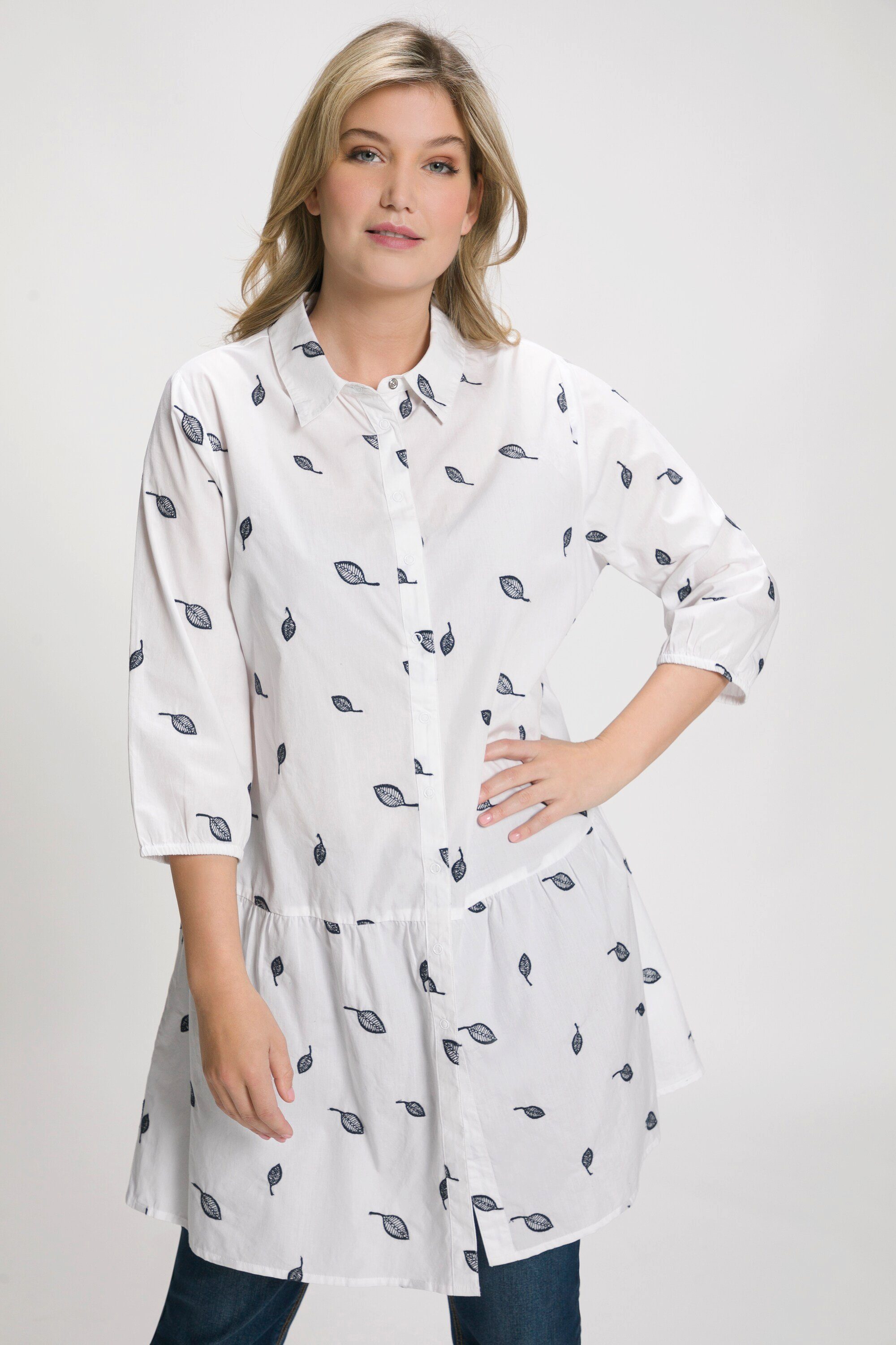 Ulla Popken Tunika Bluse Blätterstickerei A-Linie Hemdkragen 3/4-Arm