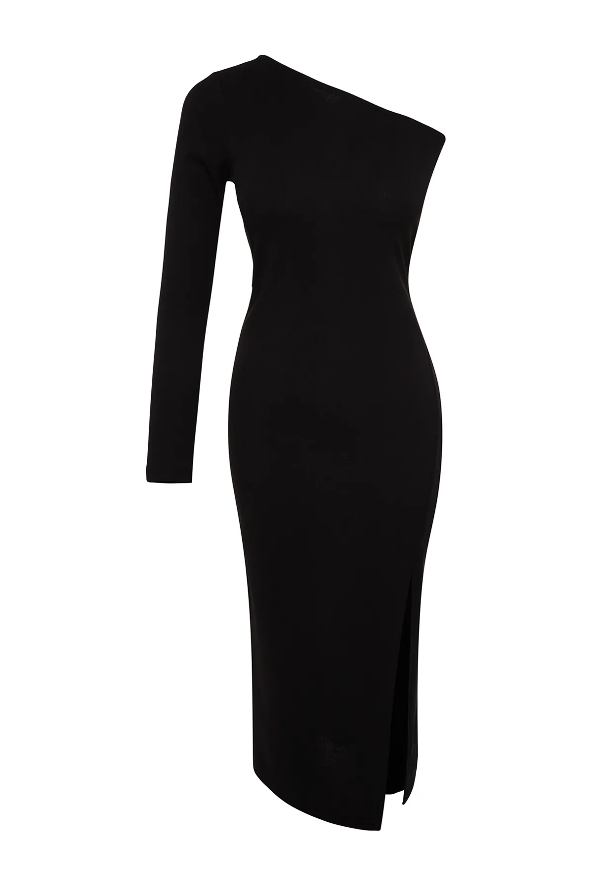 Trendyol Collection  Schwarzes Midi-Strickkleid mit asymmetrischem Ausschnitt, eng anliegendem Schlitz und detailliertem Schnitt TWOAW24EL00623