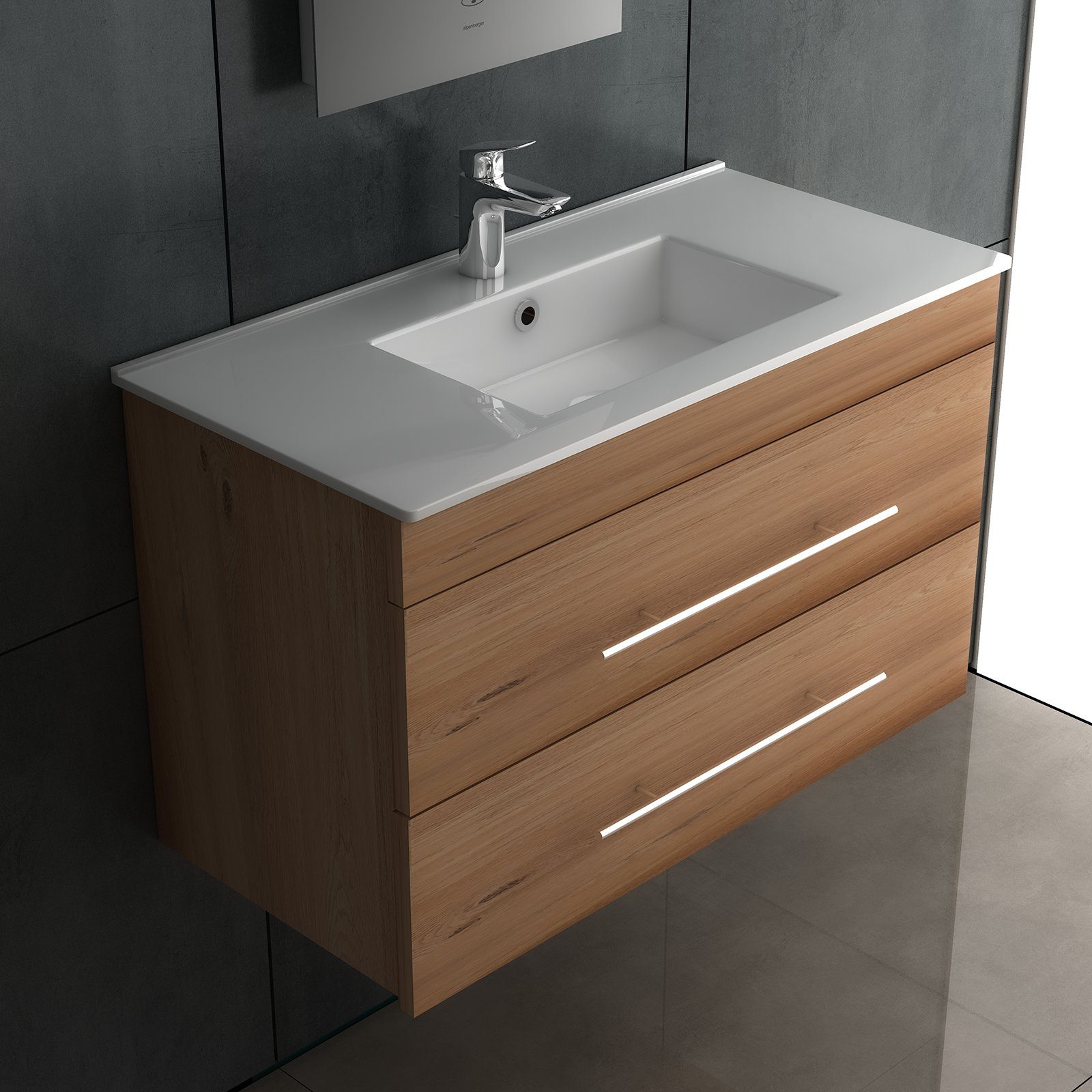 Alpenberger Badmöbel-Set Bad Unterschrank & Waschbecken Set – Waschtisch Gäste WC, (2-tlg., Badezimmermöbel Vormontiert mit Nano Becken), Waschbeckenunterschrank Breite 80 cm für Badezimmer in Bamboo