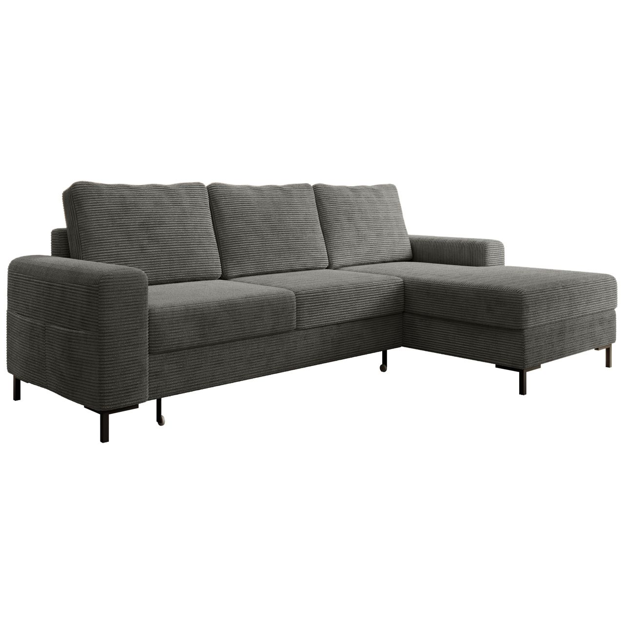 Möbel Punkt Ecksofa SAIGON Cord Anthrazit Grau mit Bettfunktion und Bettkasten Ottomane rechts