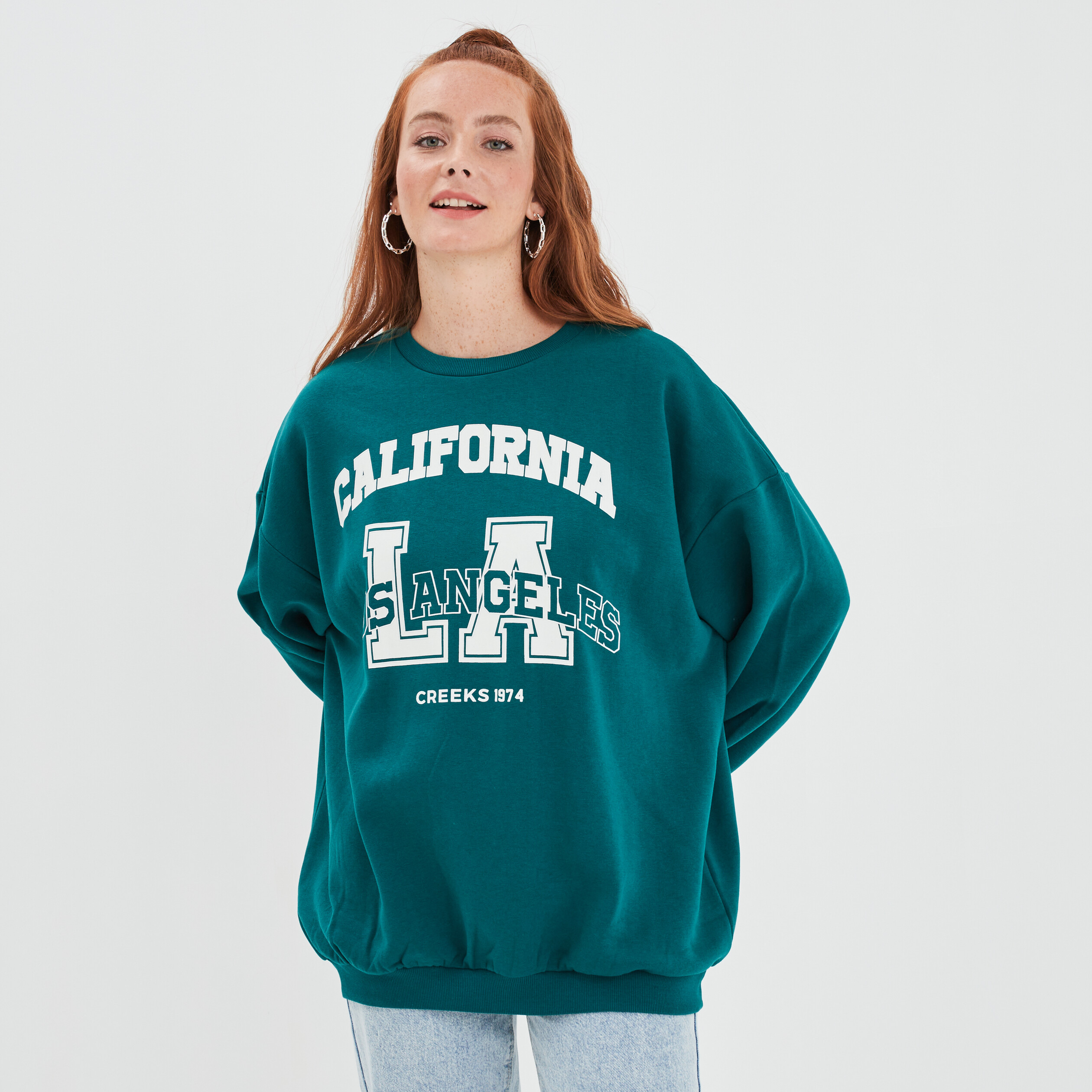 Sweat oversize mi-long col rond Creeks vert femme | La Halle