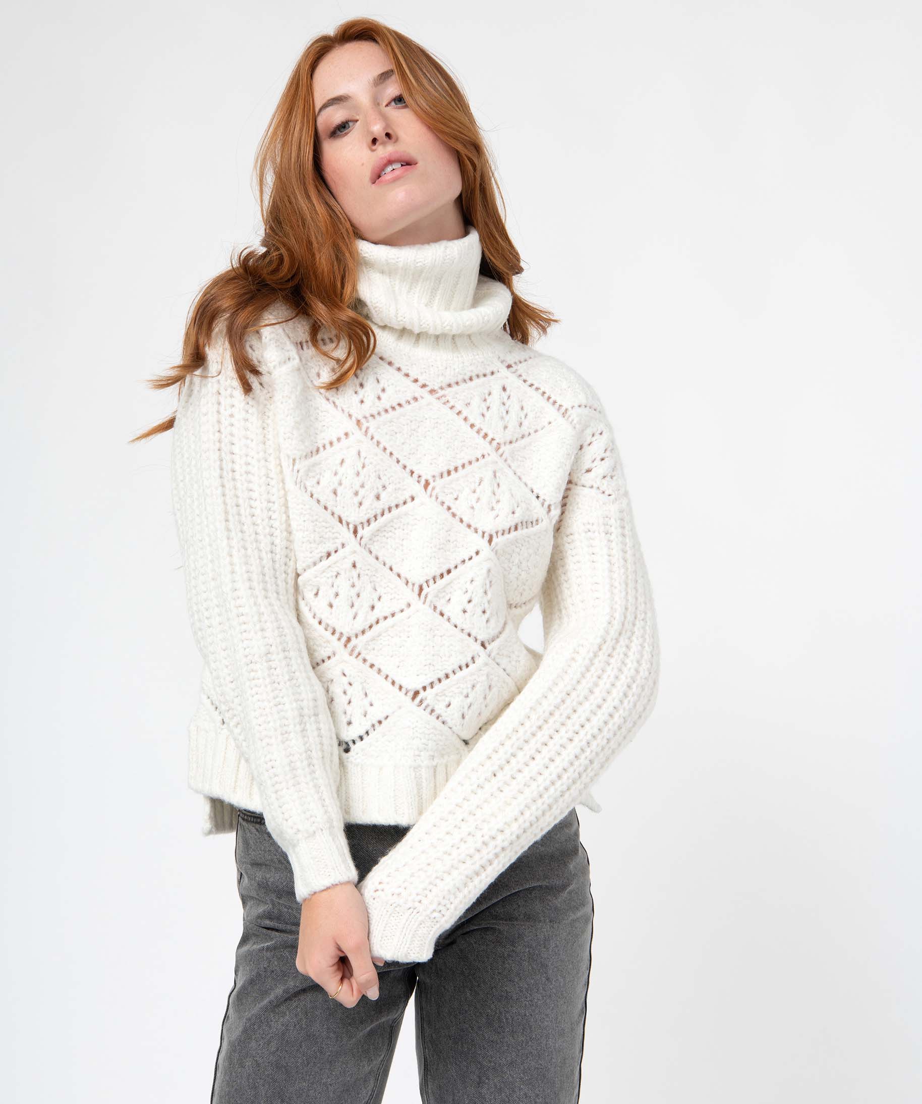Pull femme à col roulé en maille fantaisie blanc | GEMO