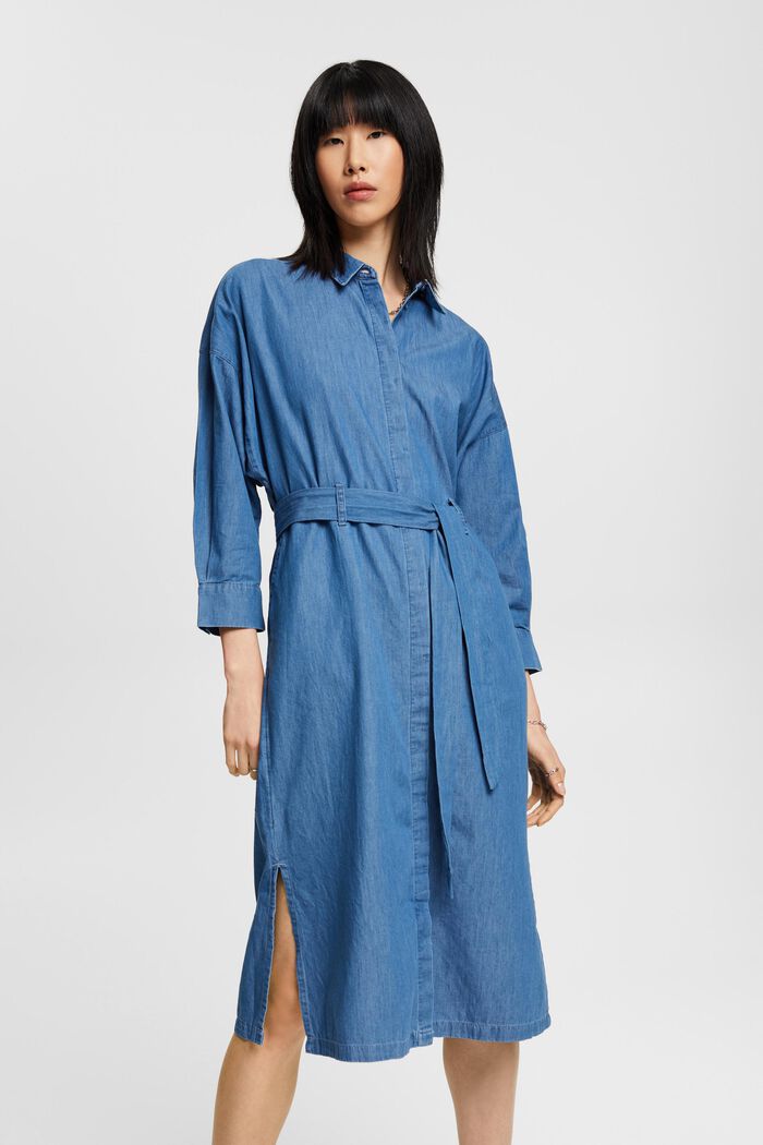 Midikleid aus Baumwoll-Denim mit Bindegürtel