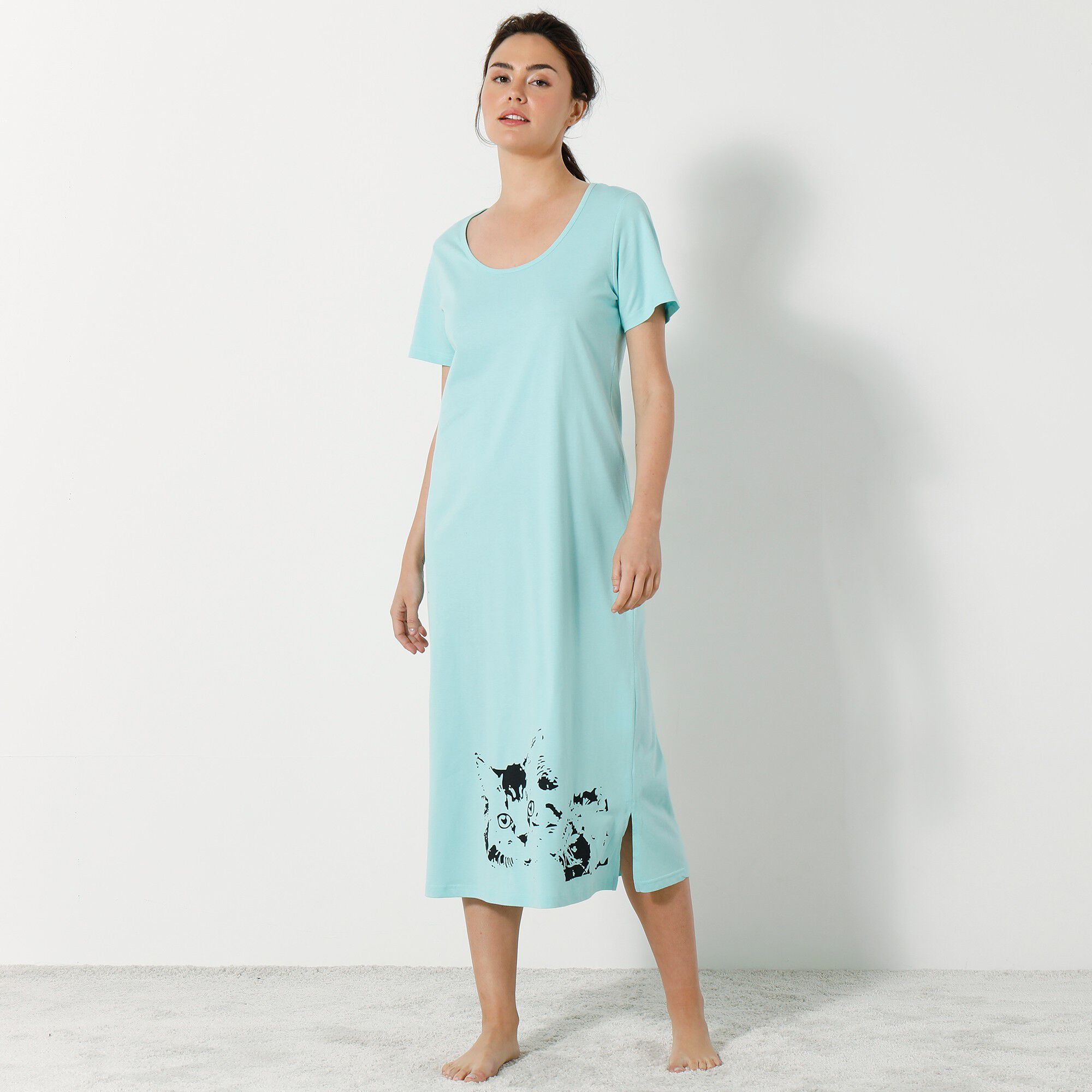 Chemise de nuit longue imprimé chat