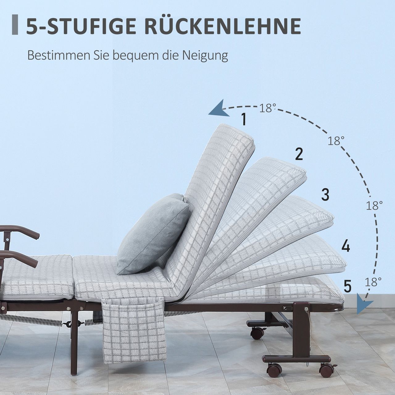 HOMCOM Klappbett Gästebett mit Rollen Reisebett 5-stufig verstellbar Hellgrau