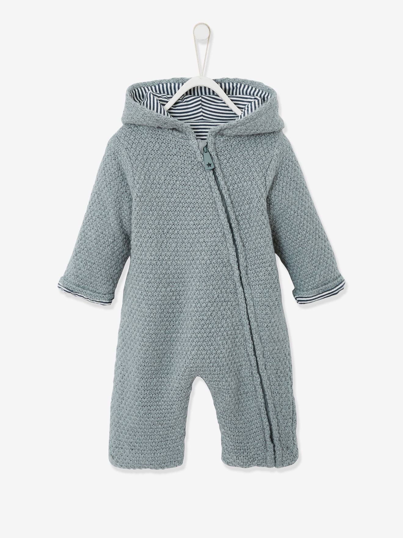 Combinaison en tricot bébé naissance doublée ivoire rayé