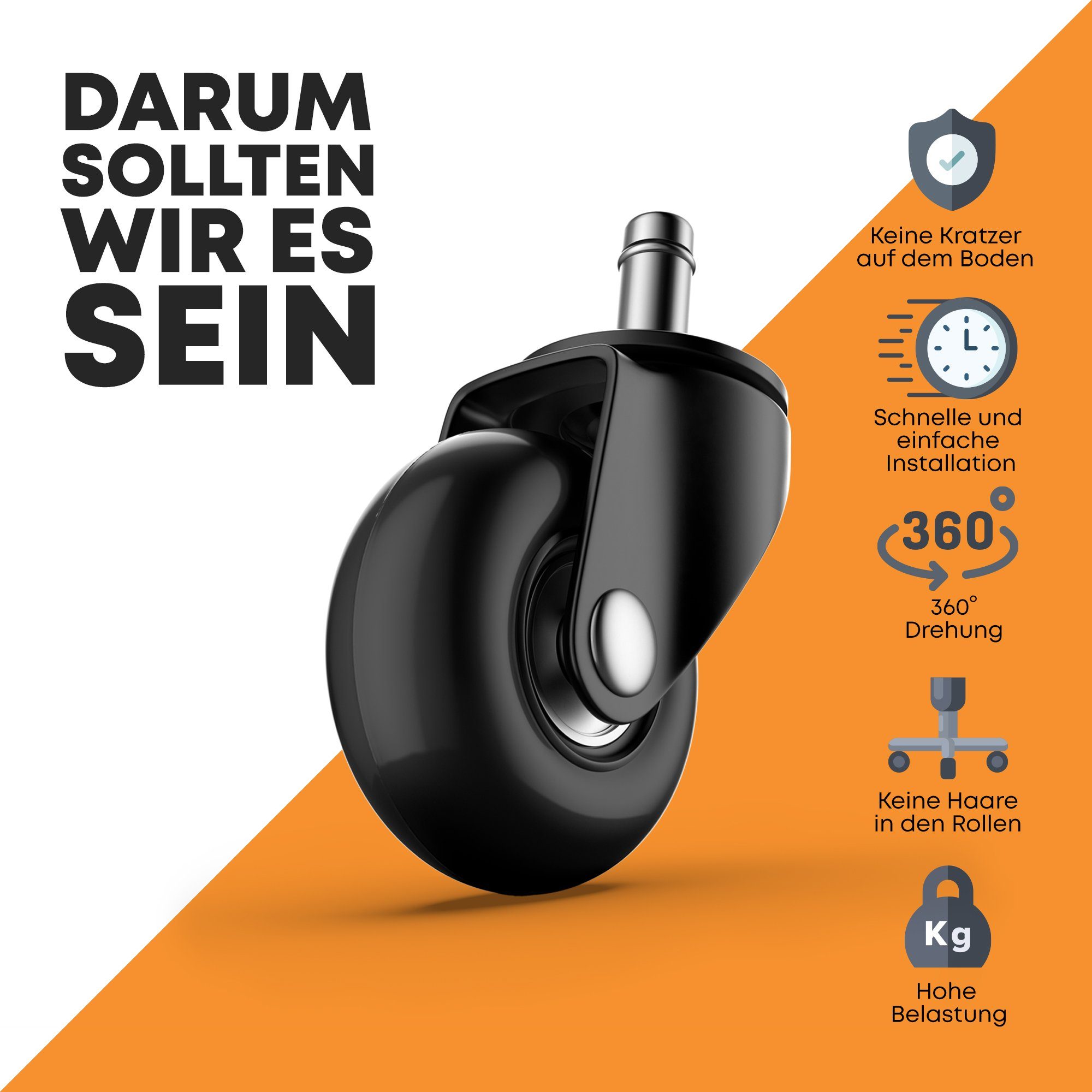 AMZHANDEL Stuhlrolle Hartbodenrollen Ø48mm für Ihren Bürostuhl mit 10 oder 11mm Stift, (5xBürostuhlrollen, 5-St), vermeidet Kratzer & Macken