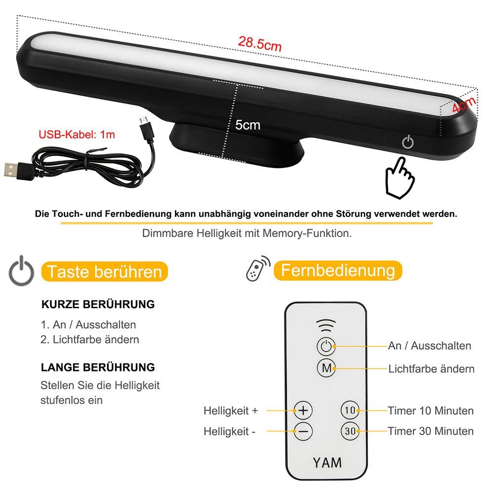 Sunicol LED Unterbauleuchte Dimmbar, Berührungssteuerung/Fernbedienung, Magnetisch montiert, Kaltweiß, Warmweiß, Naturweiß, für Heim Büro Küche Schlafzimmer Loft Schrank Beleuchtung, Wiederaufladbar Batteriebetrieben, Schreibtischlampe Buchlampen