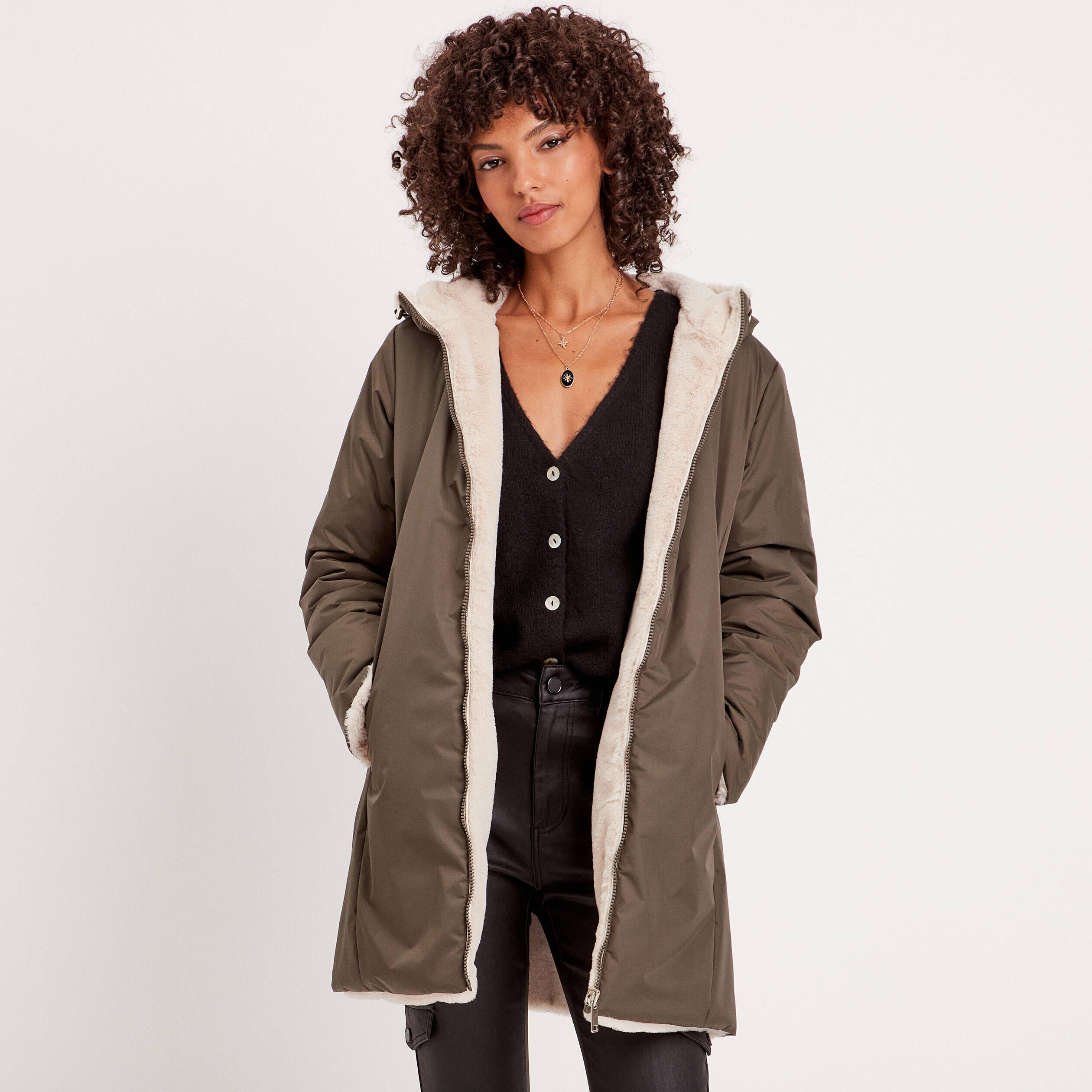 Parka réversible à capuche vert kaki femme | Cache Cache
