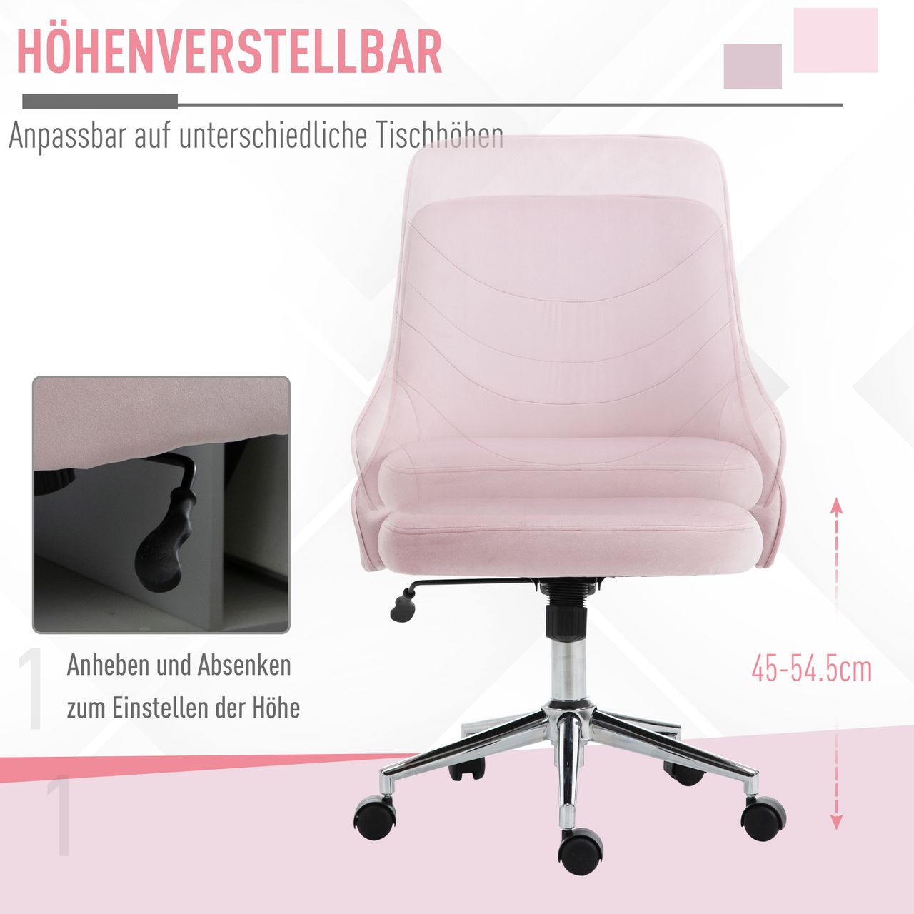 Vinsetto Bürostuhl Schreibtischstuhl Computerstuhl Drehstuhl SOHO-Stil Arbeitstuhl mit Wippenfunktion höhenverstellbar Samt Rosa 57 x 61 x 86-96 cm