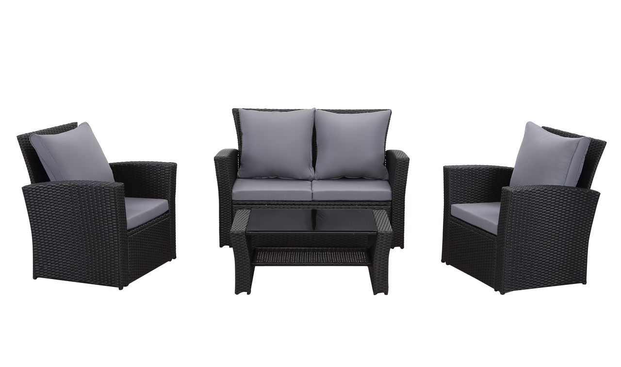 MeXo Lounge Set Polyrattan Gartenmöbel Set 4-teile für 3-4 Personen Garten & Balkon Sitzmöbel-Set (Schwarz)