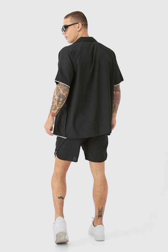 Oversize Seersucker Hemd & Shorts mit Palmen-Stickerei