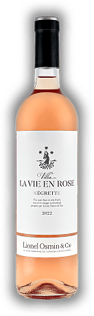 Lionel Osmin, Villa La Vie en Rose, Négrette, IGP, 2022, Süd-West Frankreich  Lionel Osmin, Villa La Vie en Rose, Négrette, IGP, 2022, Süd-West Frankreich  Ein heller, zarter und fruchtiger französischer Roséwein. Jahrgang 2022 - 0,75	 Liter - Vol 12