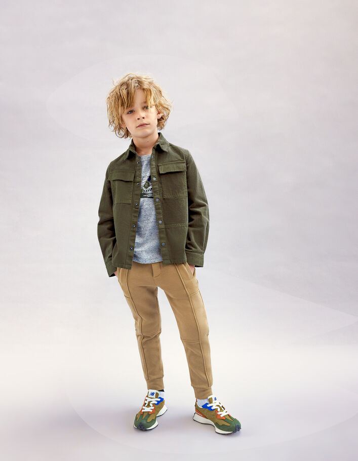 Chemise kaki bi matière en velours et canvas garçon