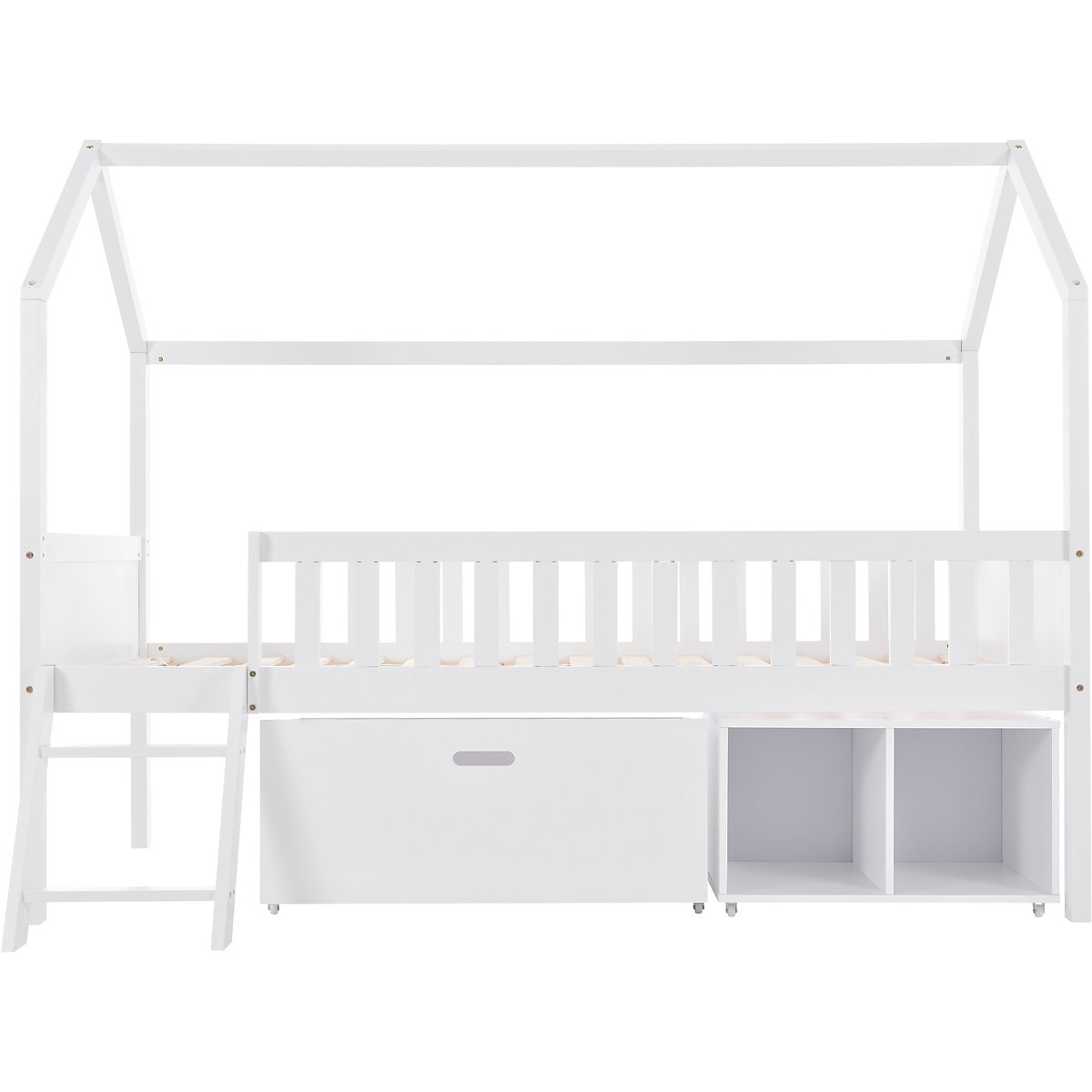Hausbett 90x200 cm mit Leiter und Schubladen, Kinderbett Massiv